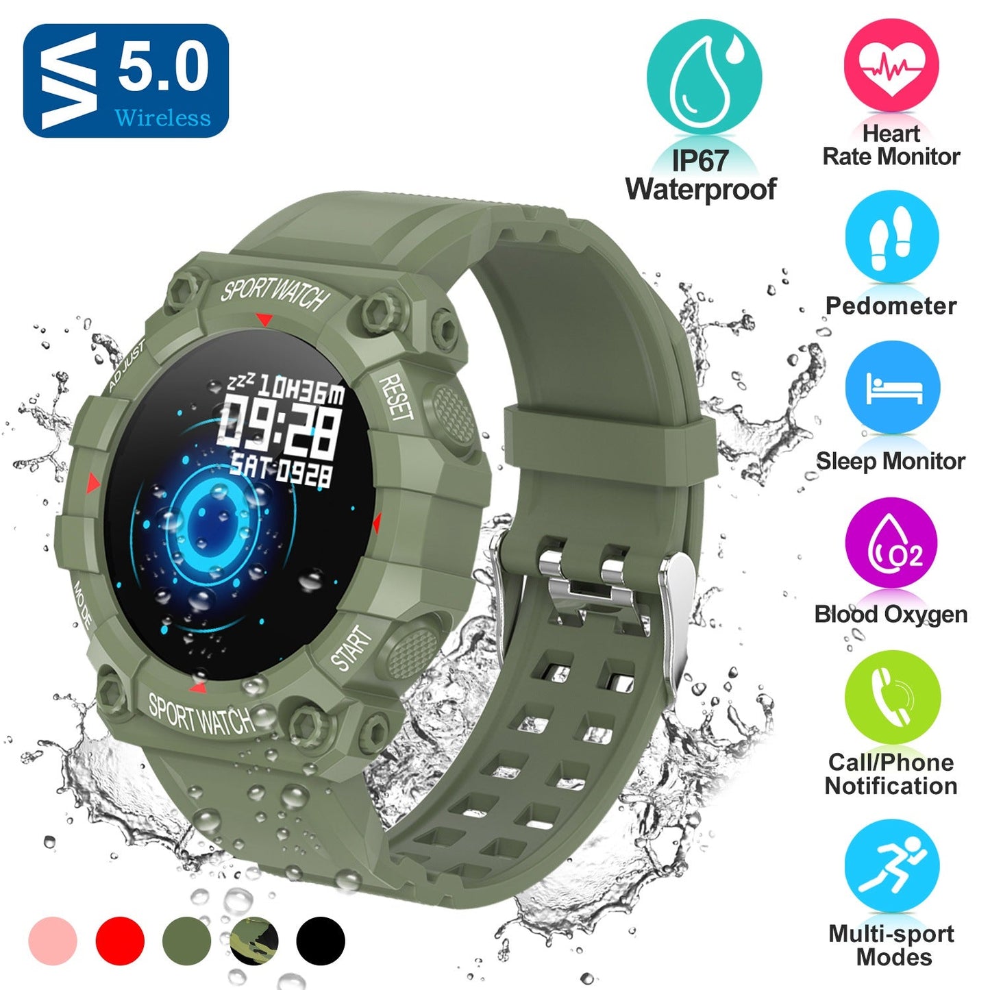 1.3in Wireless Fitness Tracker IP67 Waterproof Smart Watch Sport Bracelet w/Heart Rate Blood Pressure Sleep Monitor For Android IOS