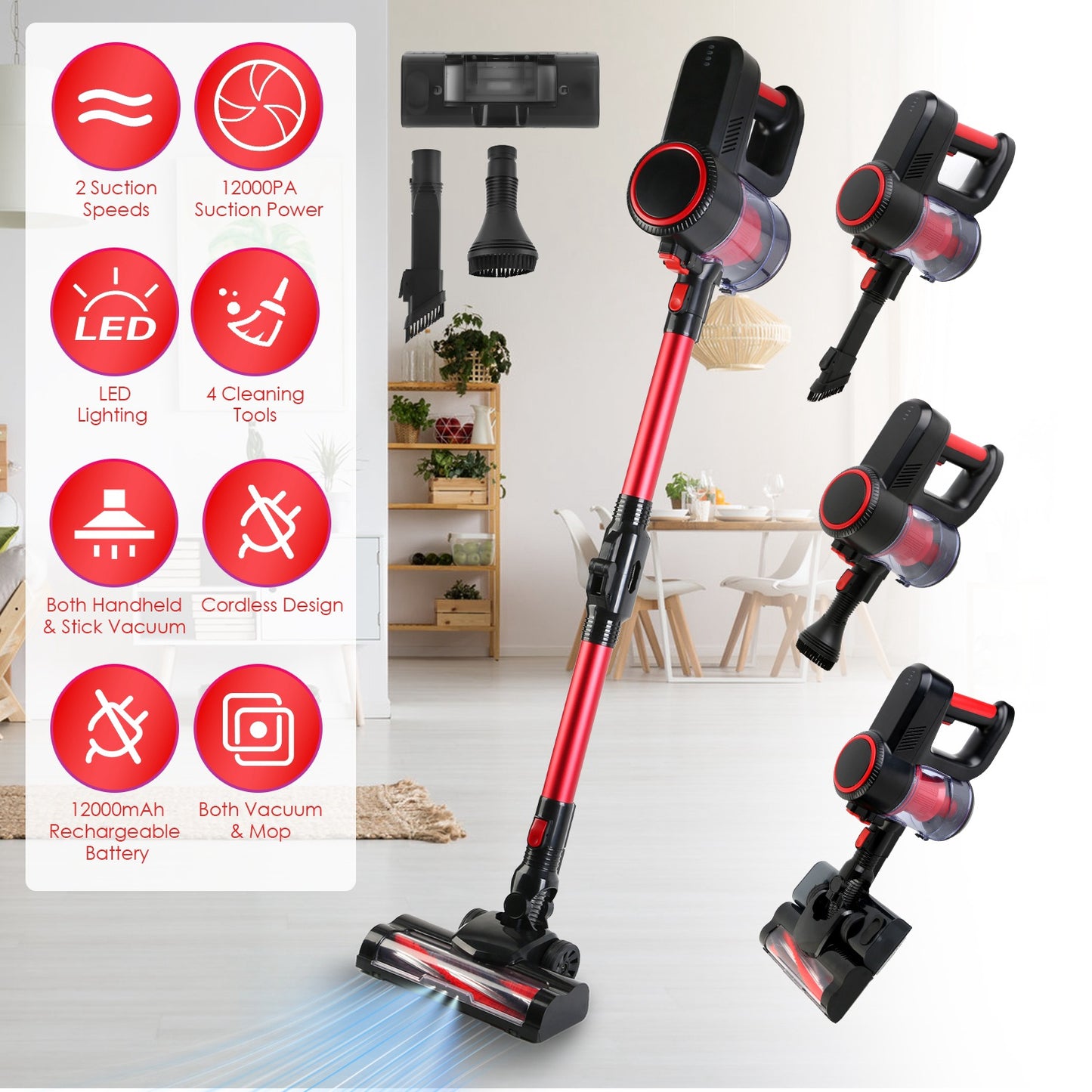 Cordless Stick Vacuum Cleaner with 12000PA Suction & LED Light