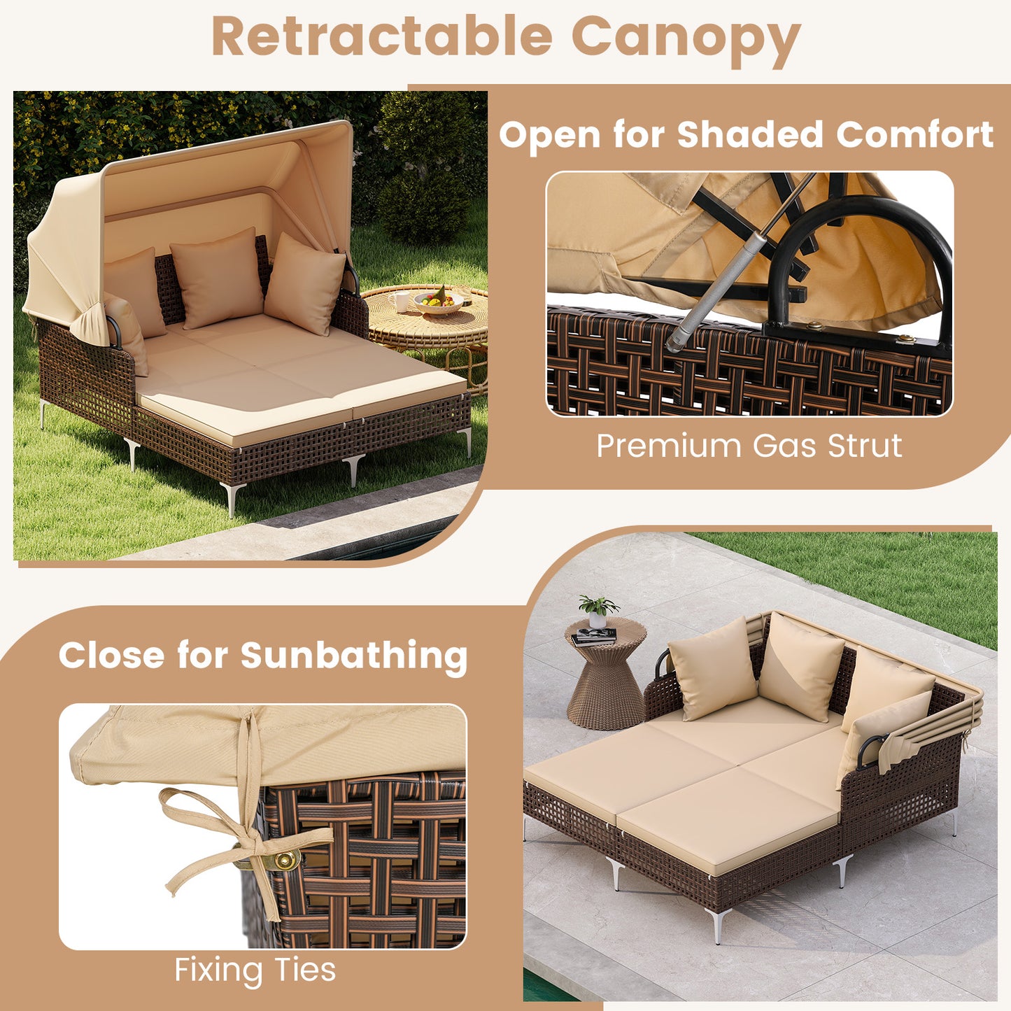 Outdoor Daybed with Retractable Canopy - PE Wicker Rattan