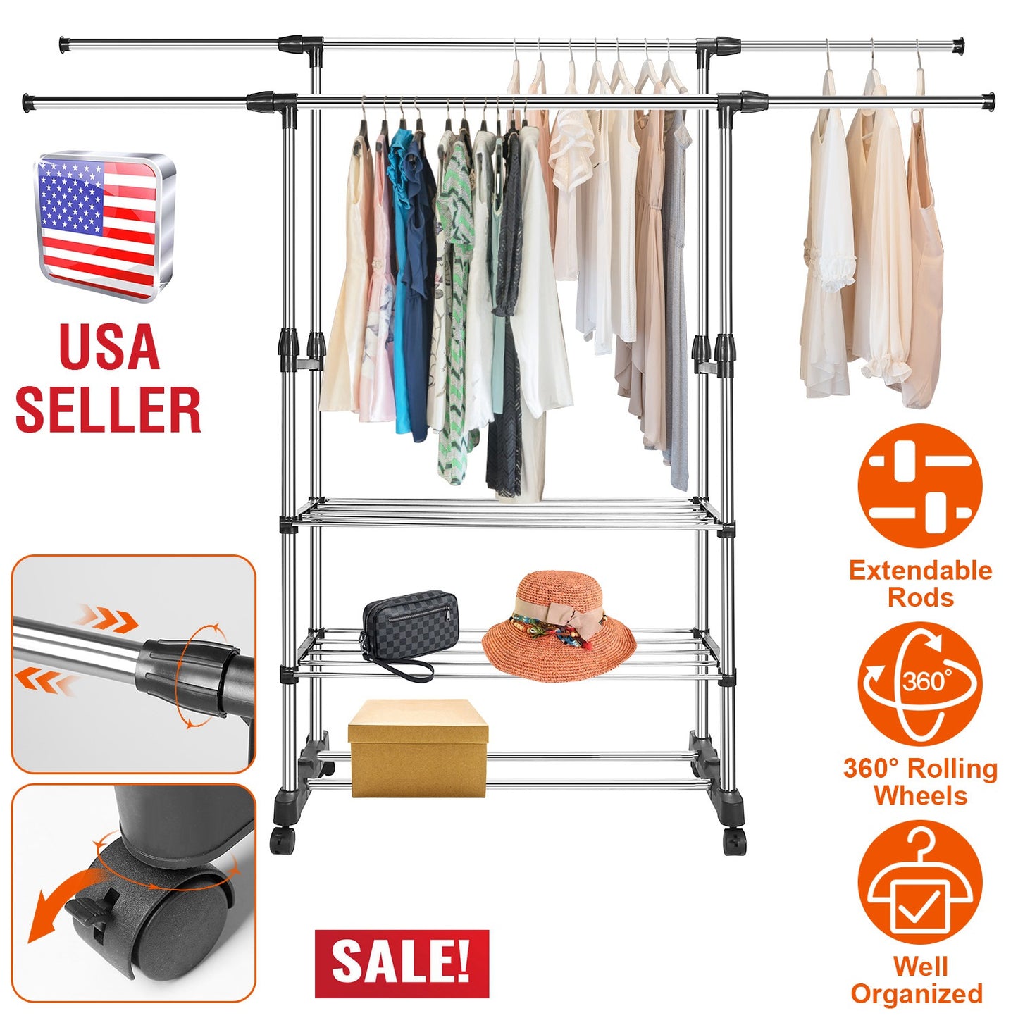 Extendable Garment Rack with Wheels - Adjustable Clothing Rail