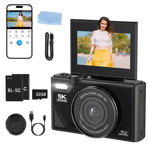 5K Digital Camera with 75MP, WiFi & 18X Zoom