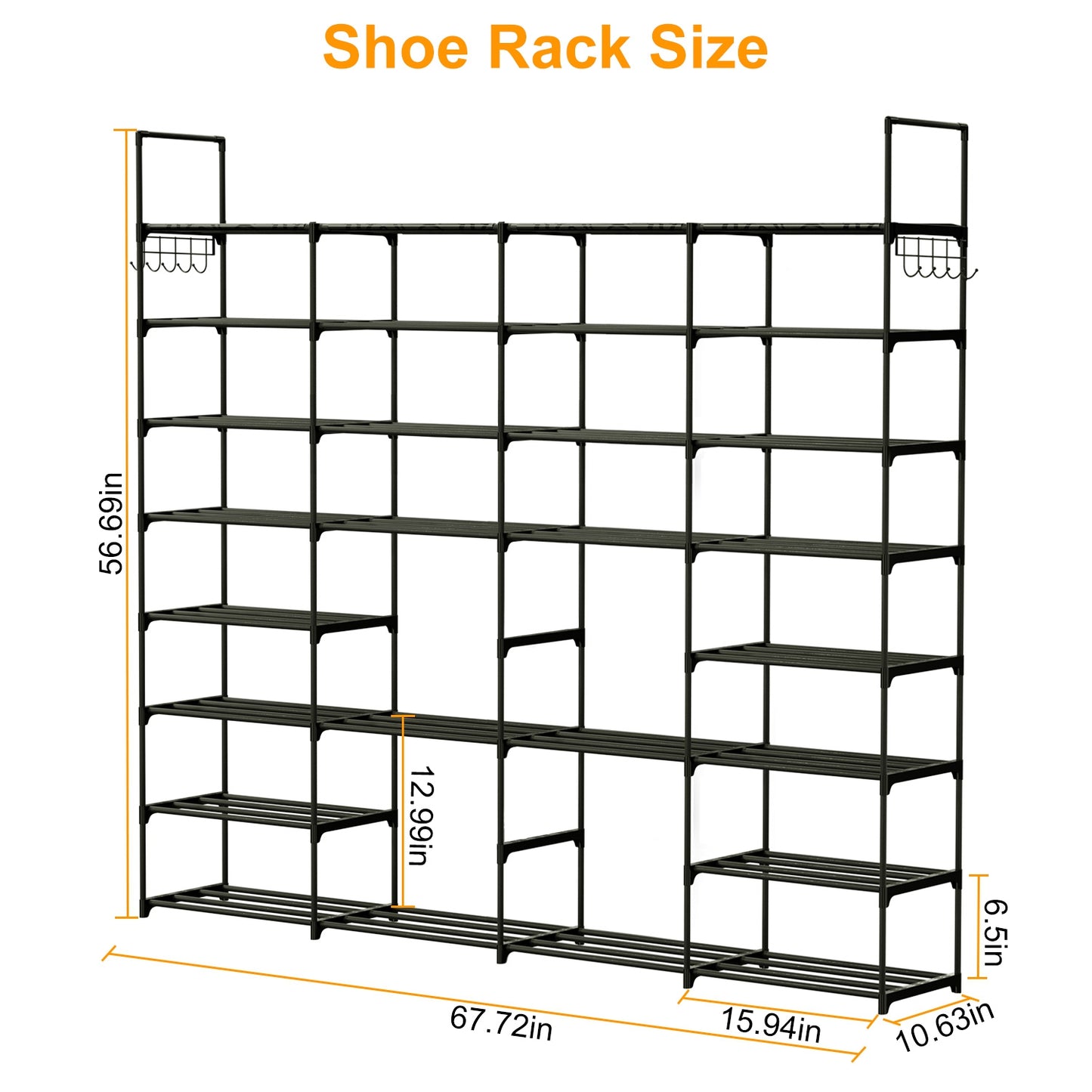 8-Tier Metal Shoe Rack - Holds 56 Pairs with Hooks