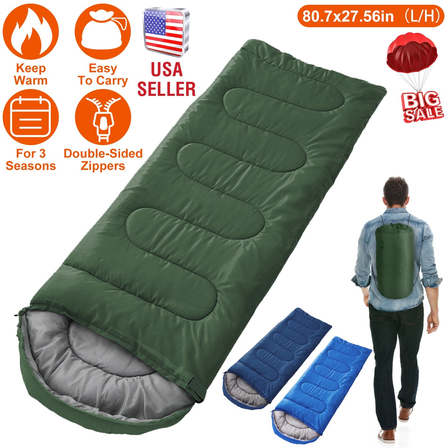 3-Season Sleeping Bag for Adults with Carry Bag 32-50°F