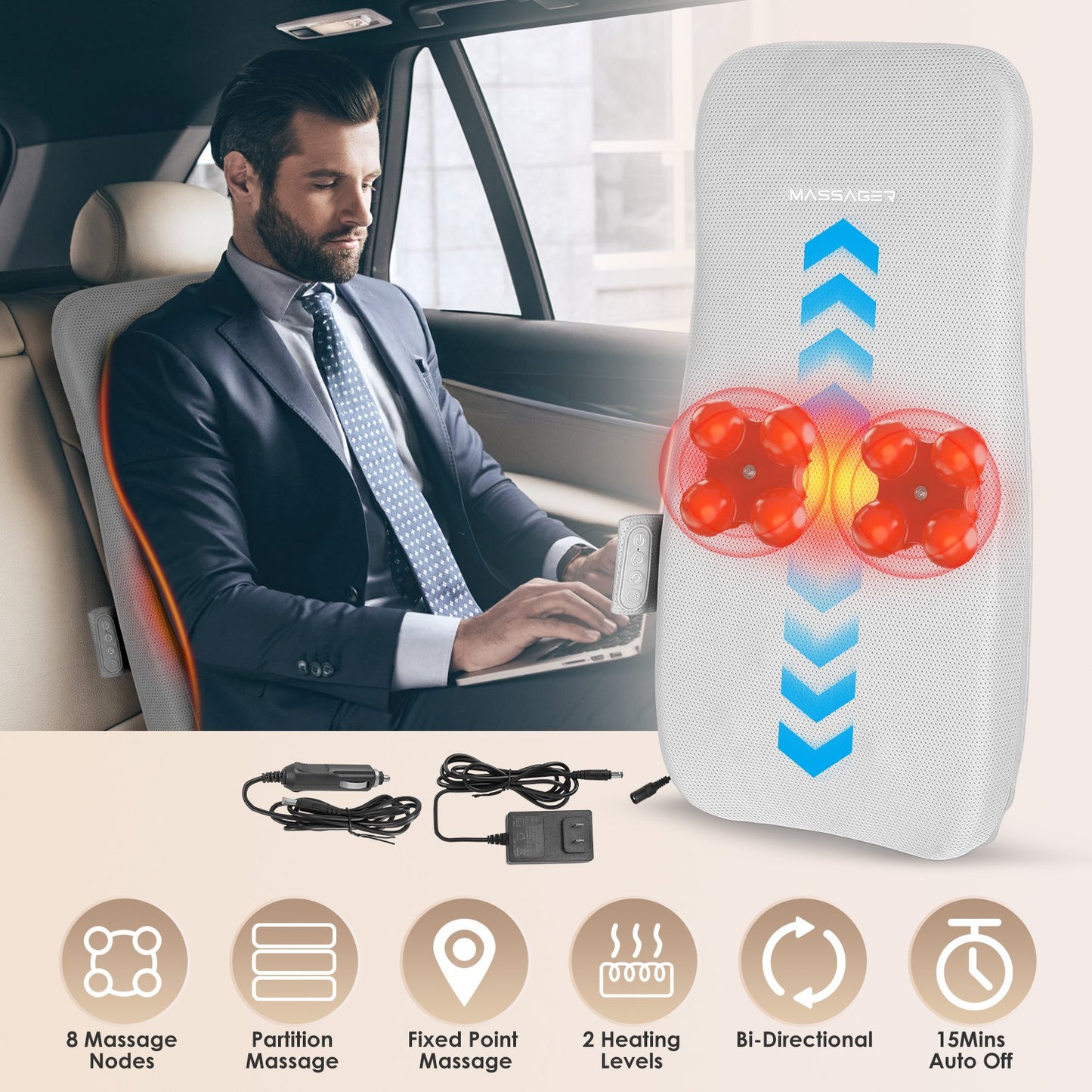 Shiatsu Back Massager with Heat and Kneading Nodes