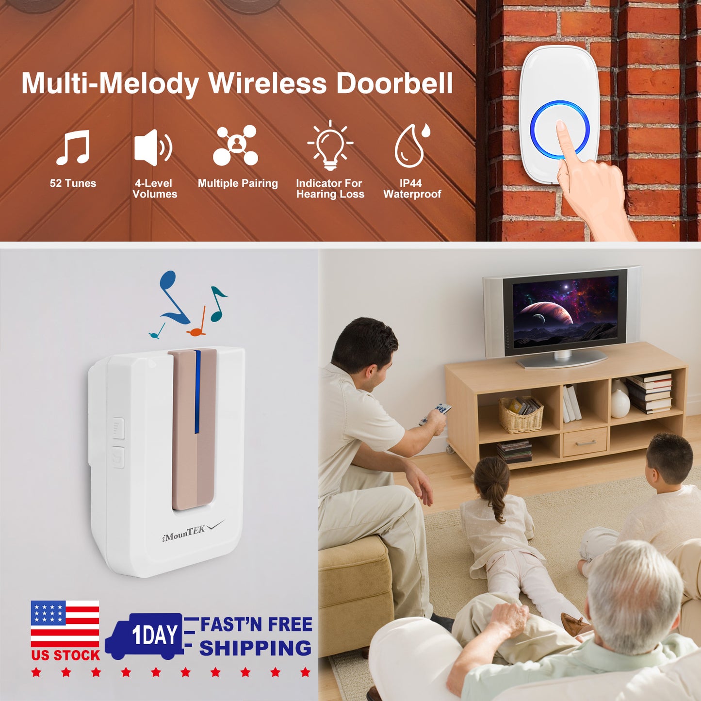 Wireless Doorbell with 1000FT Range & 52 Chimes