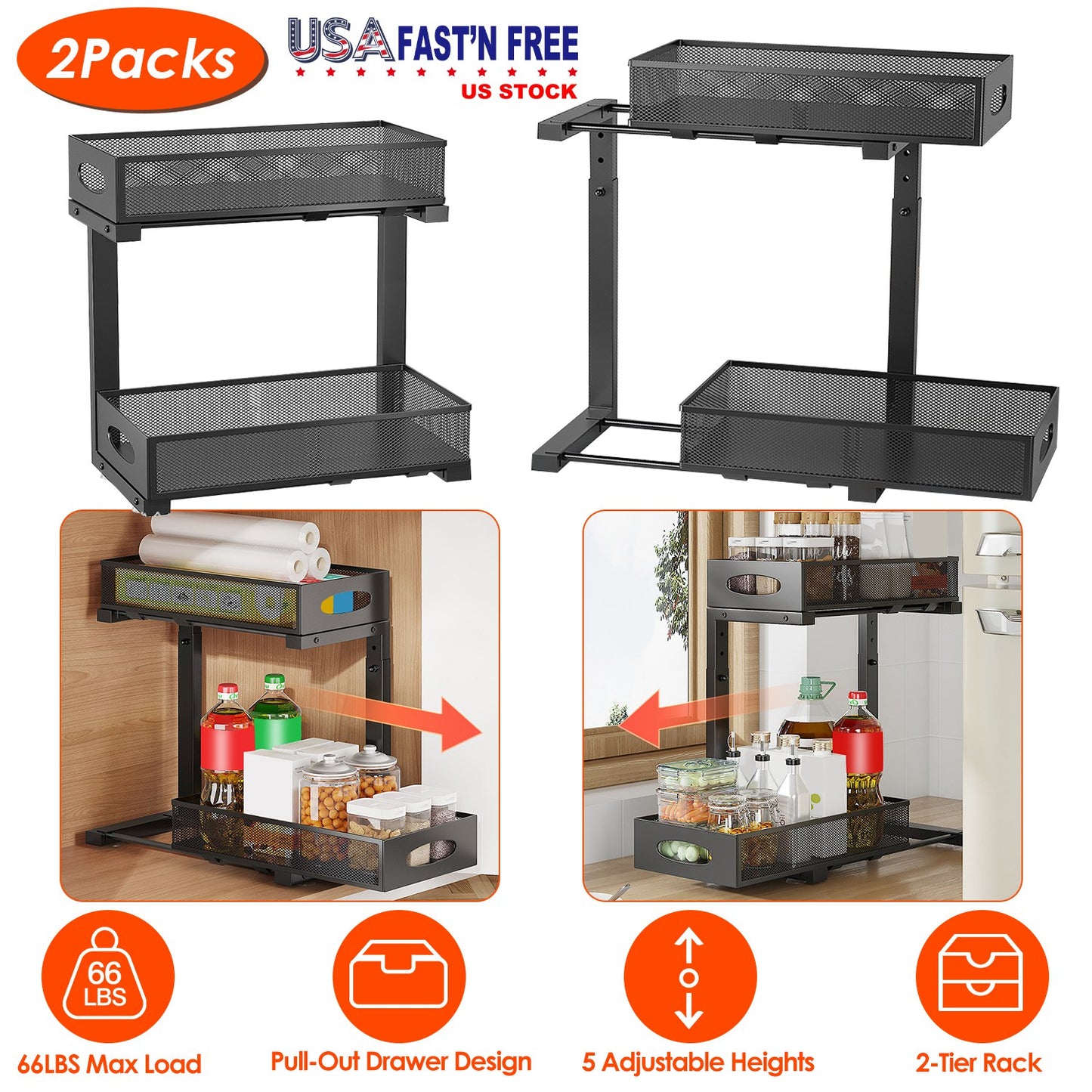 2-Tier Pull-Out Under Sink Organizer with Adjustable Height