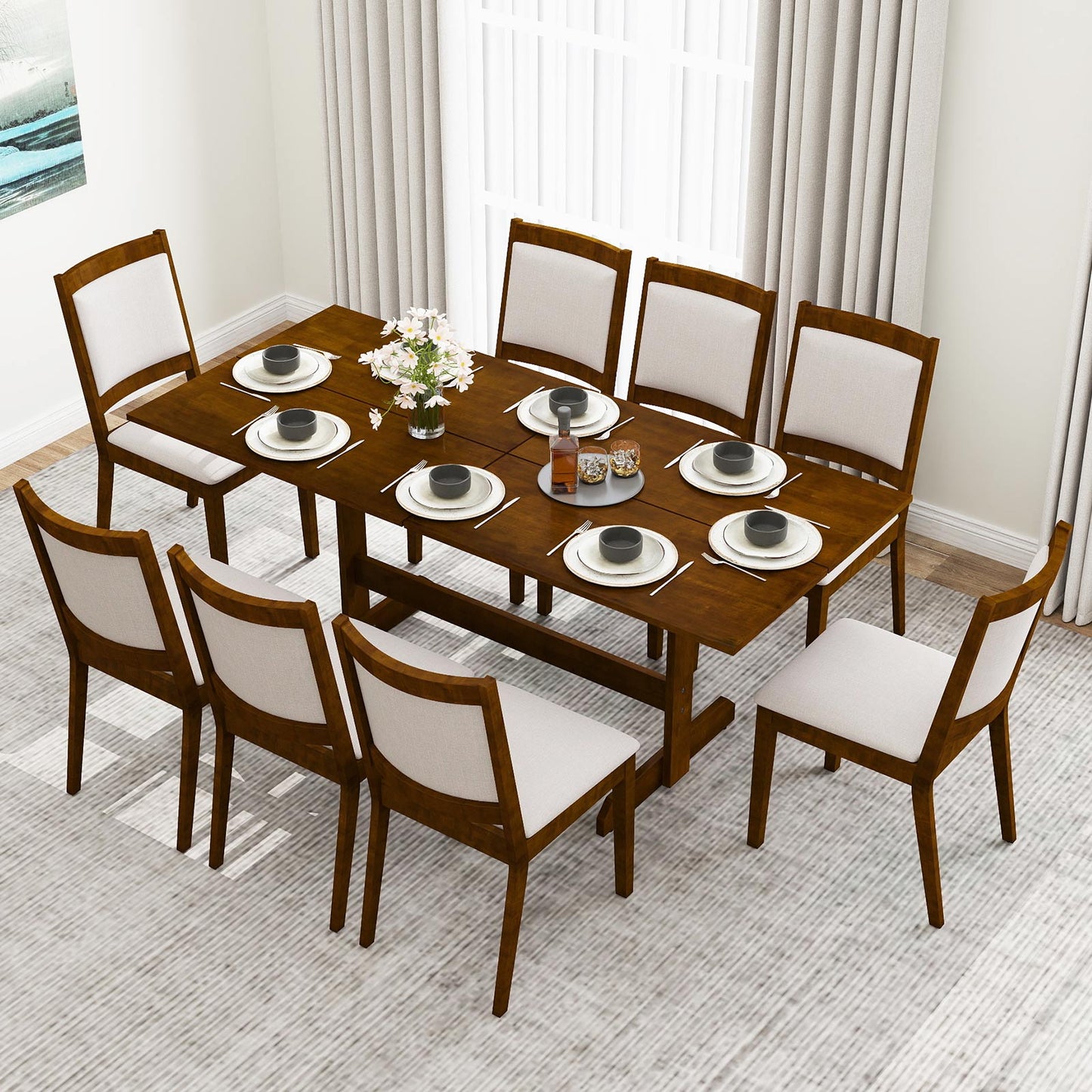 71 Inch Farmhouse Dining Table Wooden Kitchen Table for 6-8 with Rubber Wood Legs-Walnut