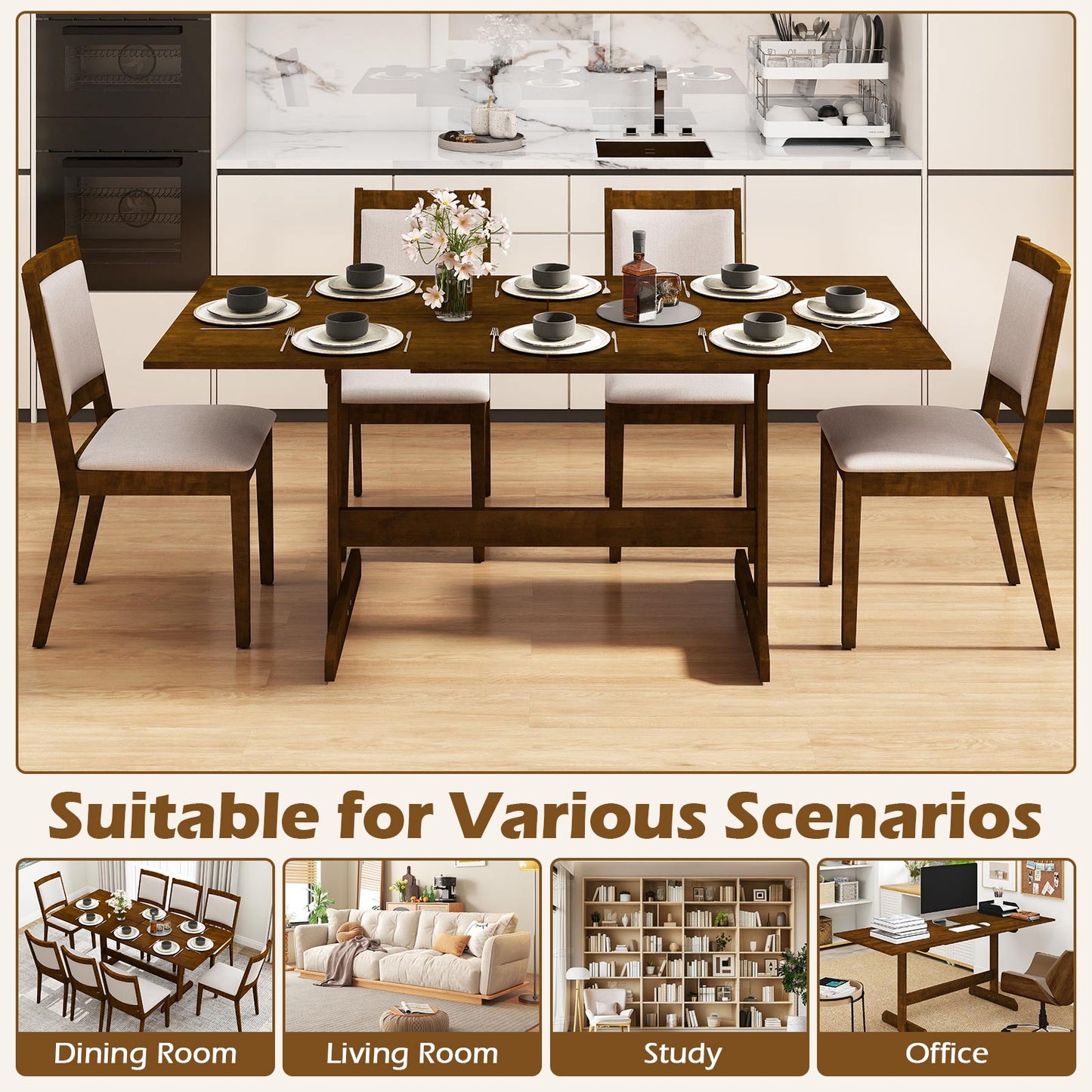 71 Inch Farmhouse Dining Table Wooden Kitchen Table for 6-8 with Rubber Wood Legs-Walnut