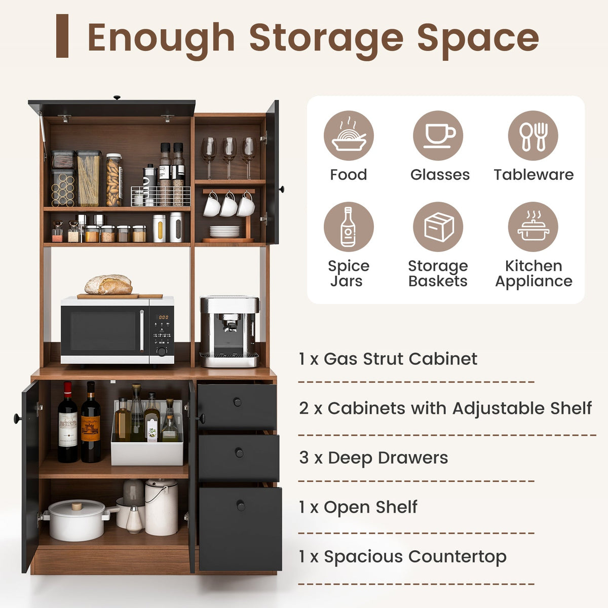 71 Inch Kitchen Pantry with 3 Storage Cabinet and 3 Deep Drawers