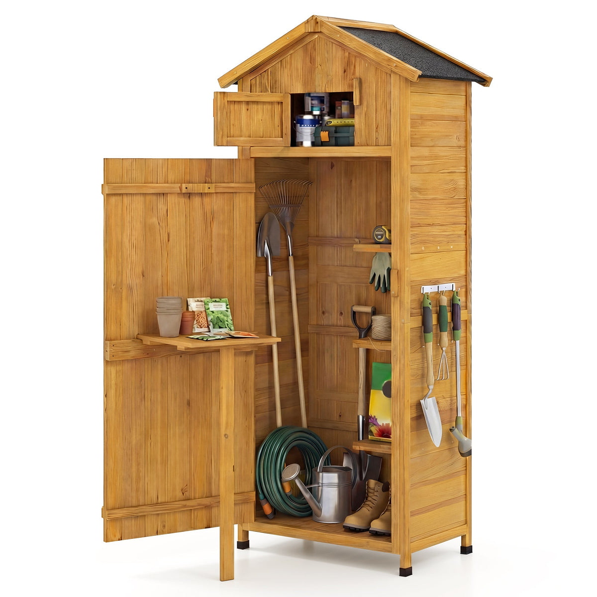 70 Inch Tall Garden Tool Storage Cabinet with Lockable Doors and Foldable Table