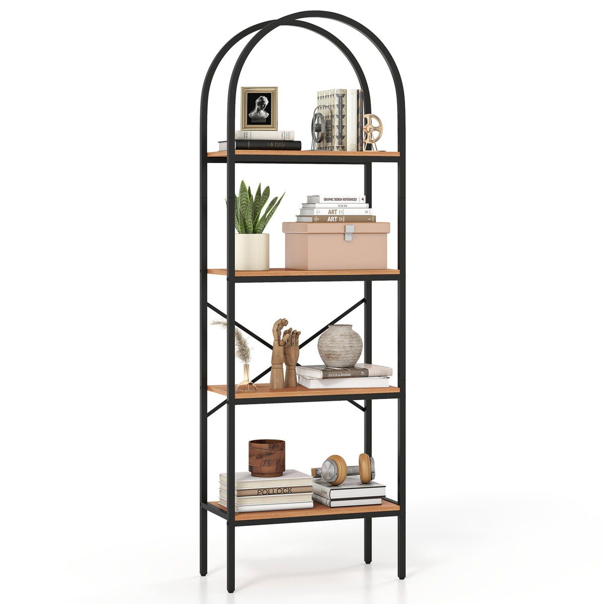 4-Tier Arched Bookcase with Metal Frame, 71" Tall