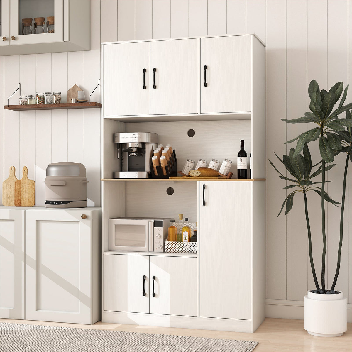 71" Tall Kitchen Pantry Cabinet with Charging Station Wooden Buffet Cupboard Sideboard