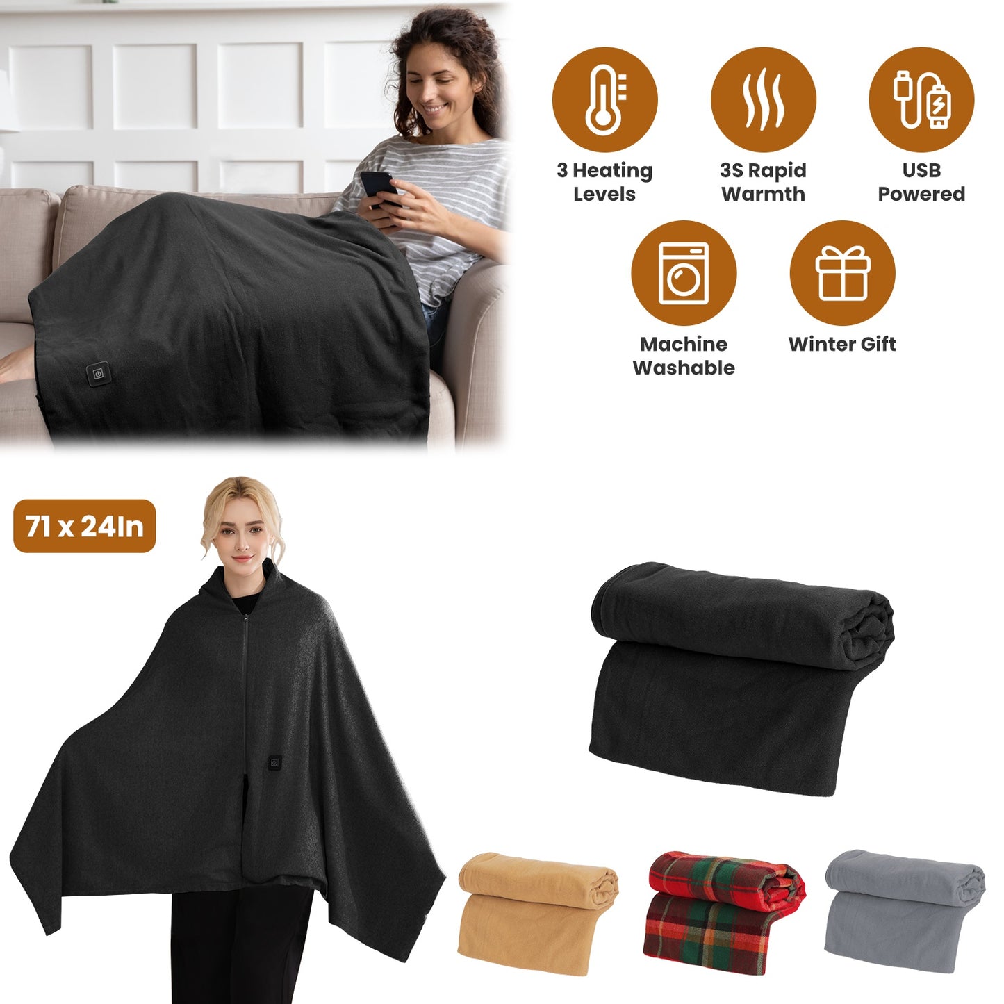 USB Heated Shawl with 3 Heat Levels and Zipper