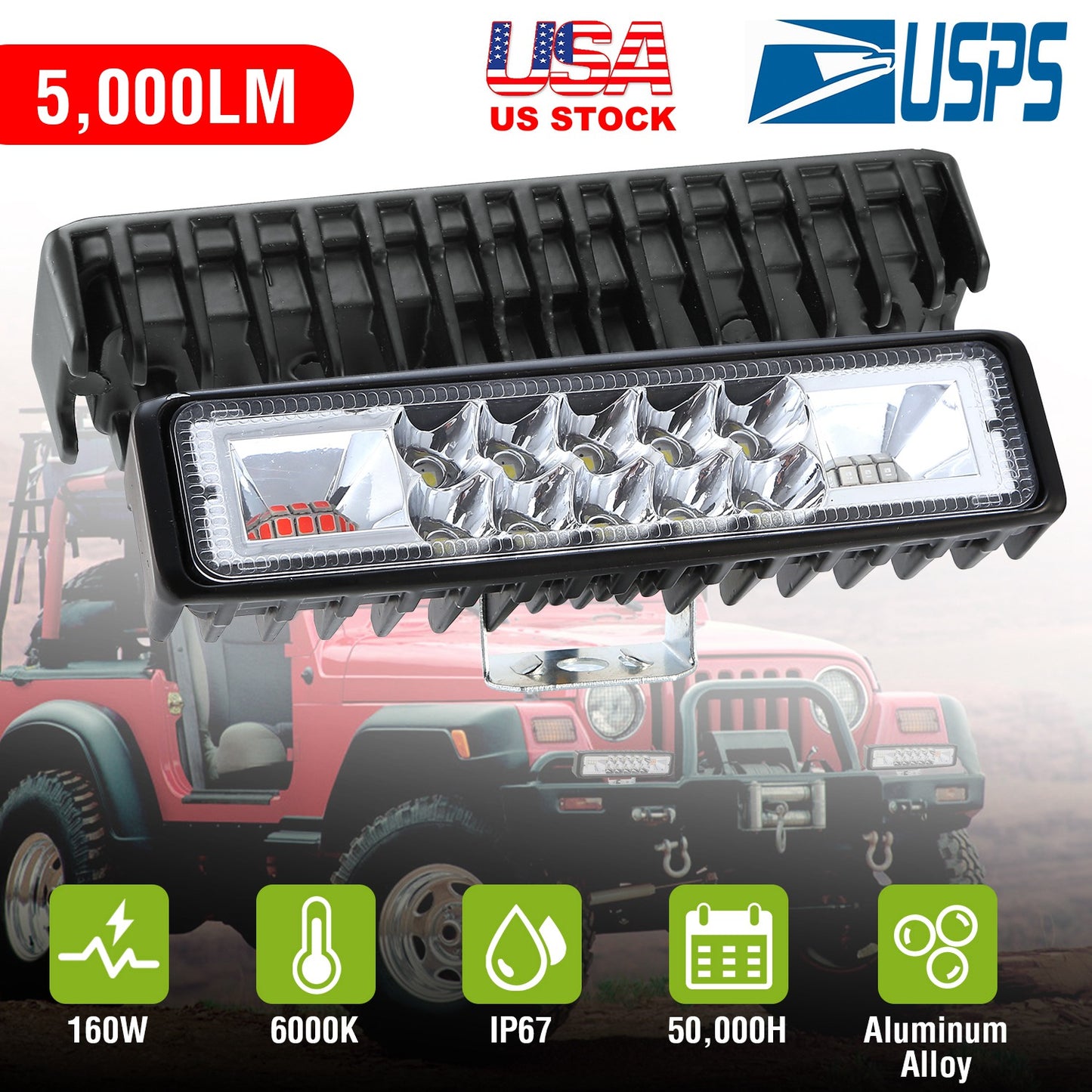 6-Inch LED Light Bar 160W with Red & Blue Warning Lights