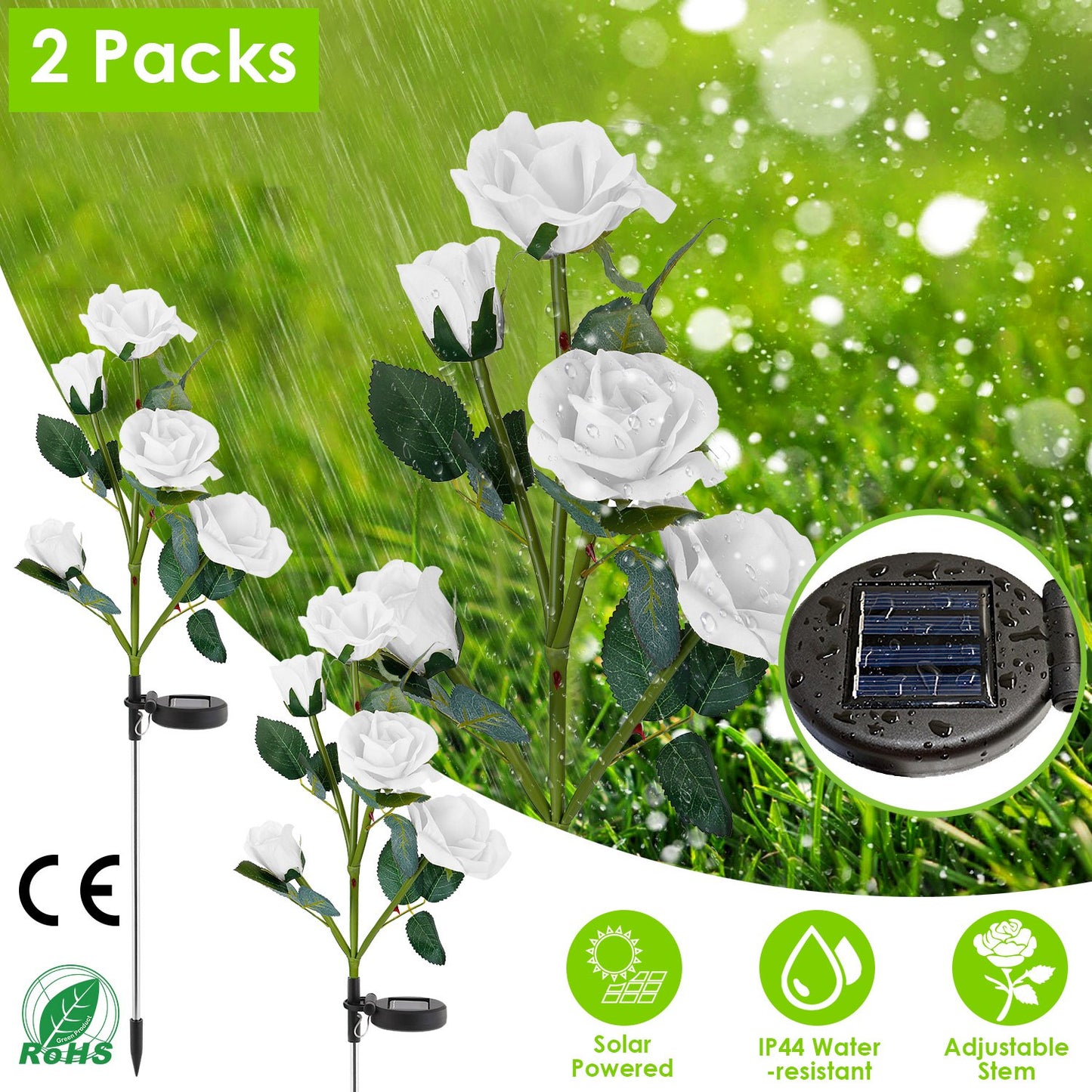 Solar Rose Flower Stake Lights - 2 Pack Outdoor Garden Decor