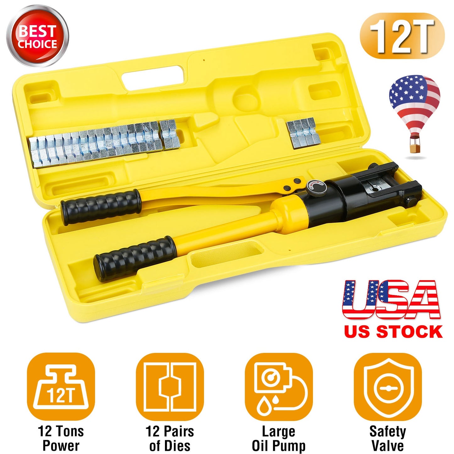 12 Ton Hydraulic Wire Crimper with 12 Dies