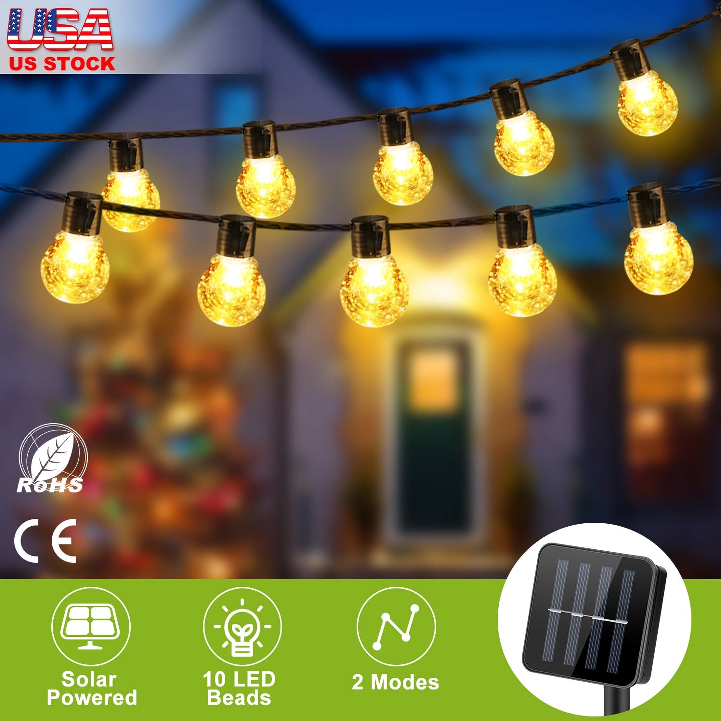 Solar String Lights with 10 LED Bulbs for Outdoor Decor