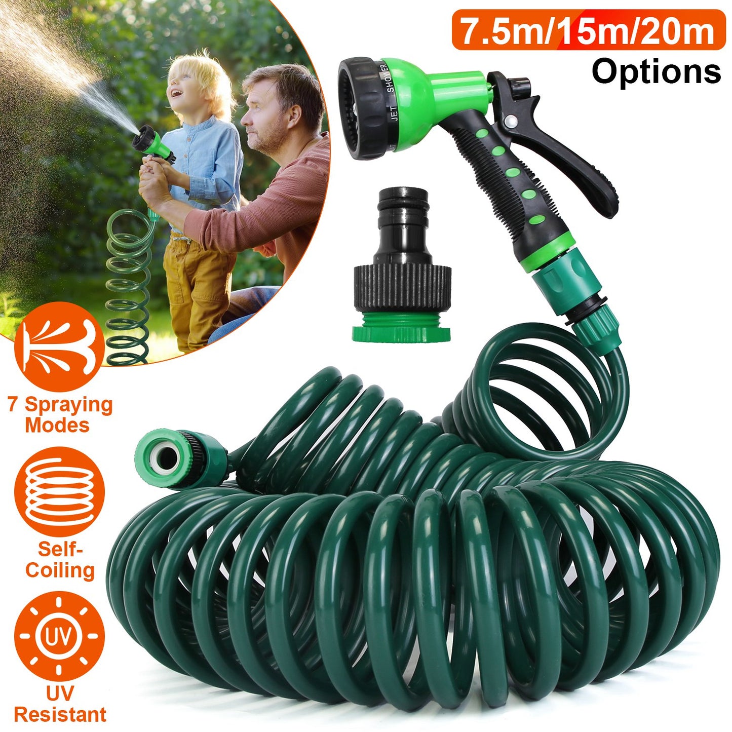 Self-Coiling Garden Hose with 7-Mode Sprayer - 49.2ft