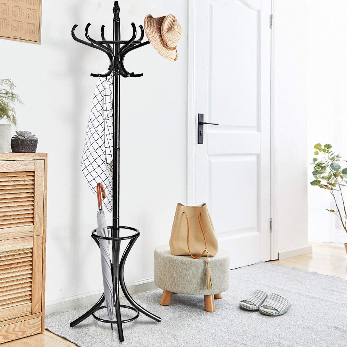Wood Standing Hat Coat Rack with Umbrella Stand