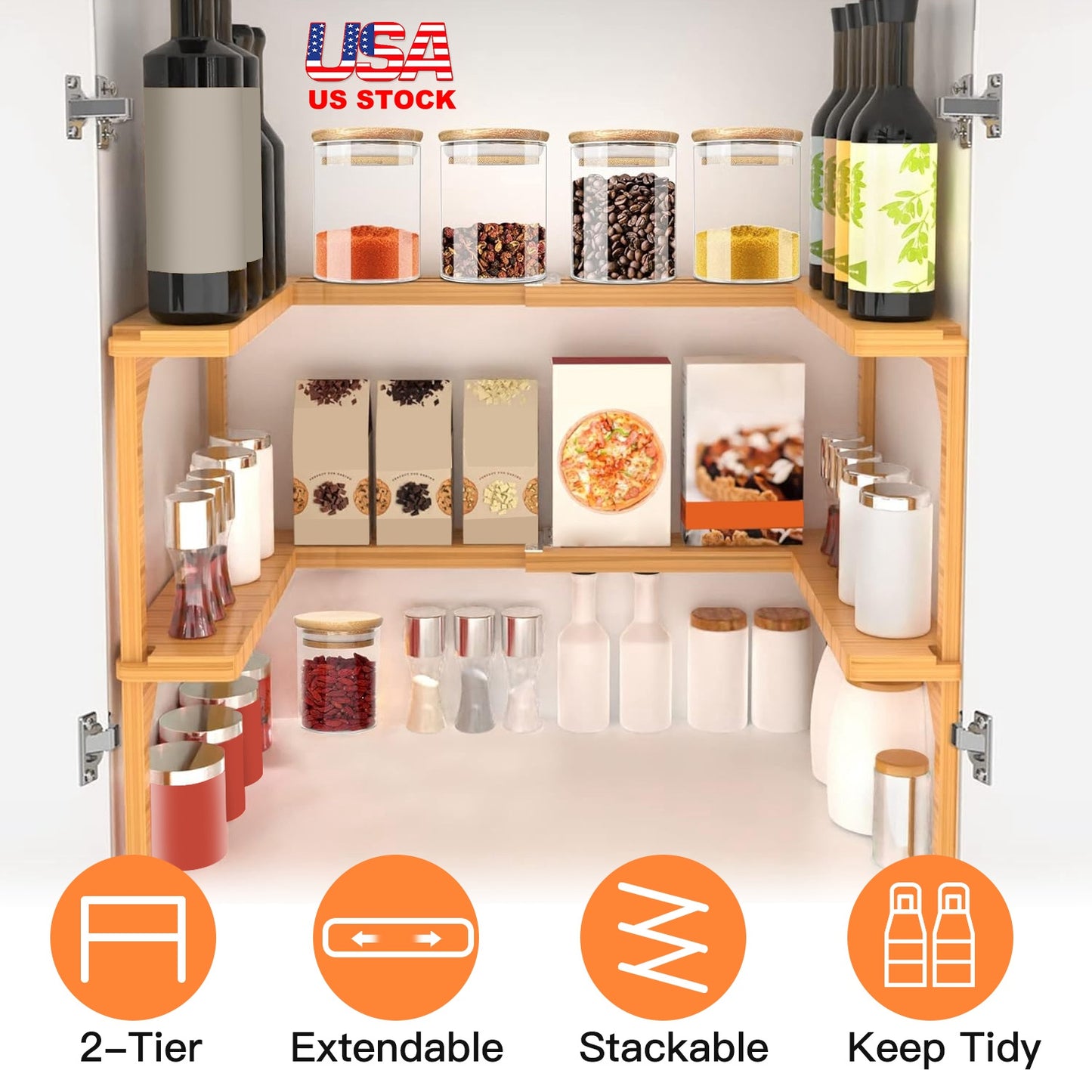 2-Tier Expandable Bamboo Spice Rack Organizer for Cabinet