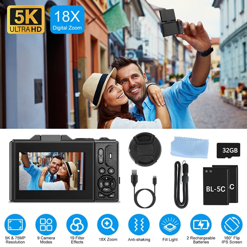 5K Digital Camera with 75MP, WiFi & 18X Zoom