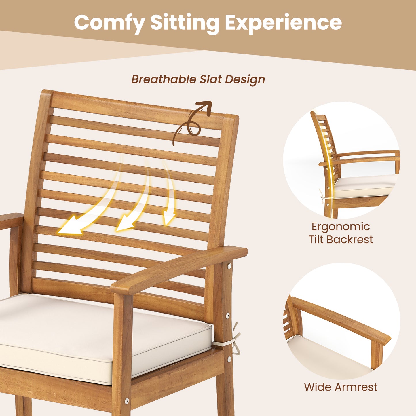 Acacia Wood Patio Dining Chairs Set of 2 with Cushions