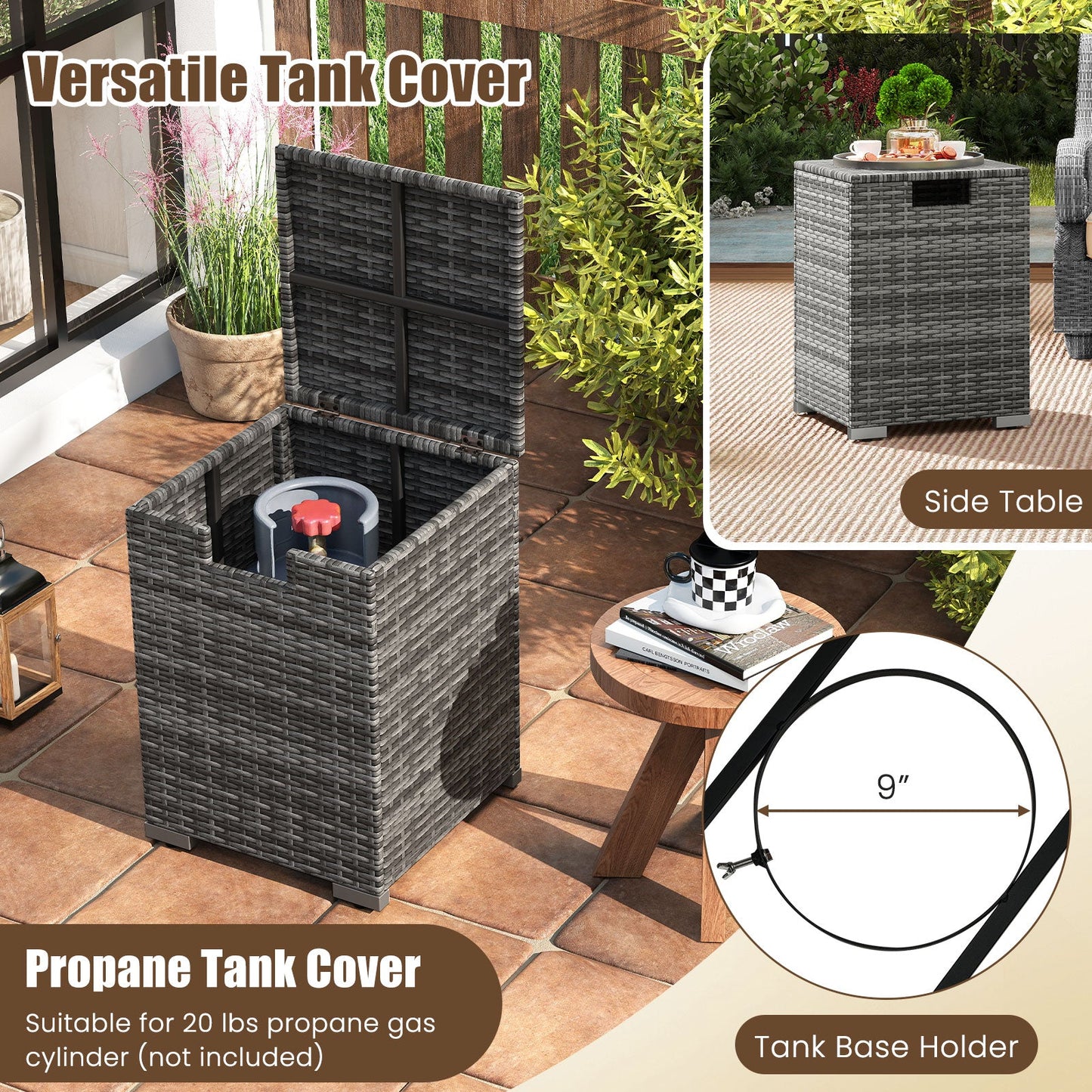 2-Piece Outdoor Rattan Fire Table Set 32 Inch Rectangle Gas Firepit with Tank Cover