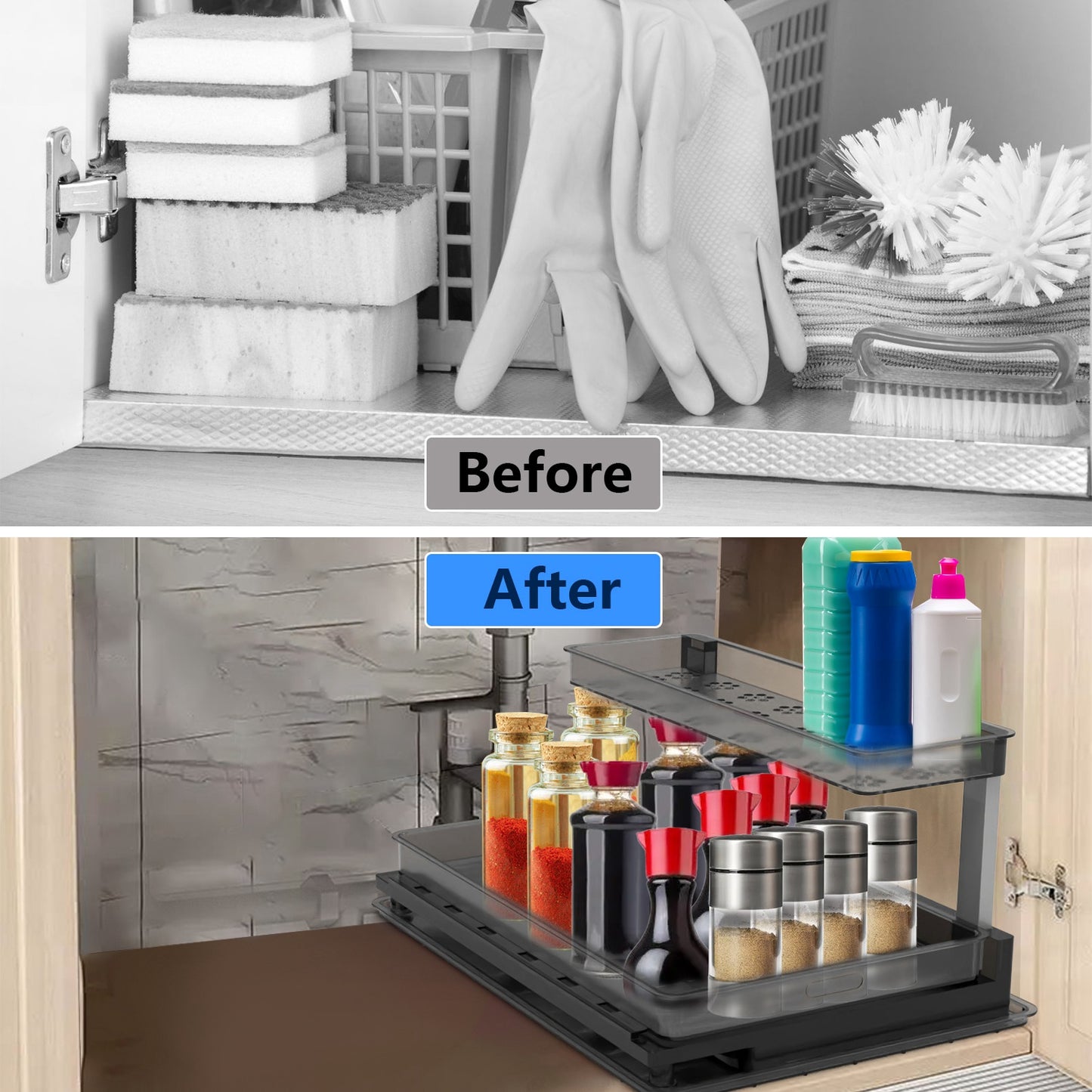 2-Tier Pull Out Under Sink Organizer with Sliding Drawer