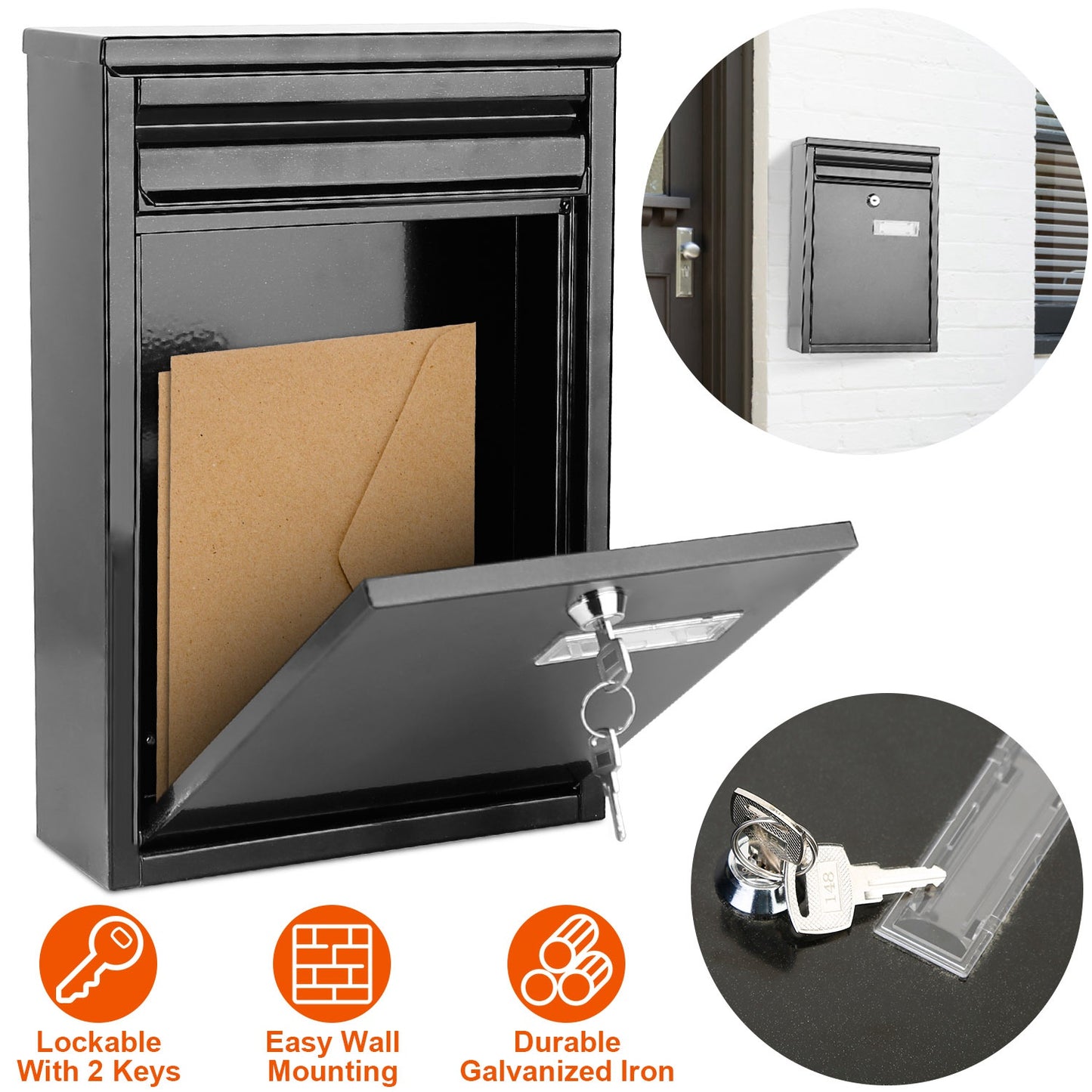 Wall Mount Mailbox with Lock - Galvanized Iron Secure Letter Box