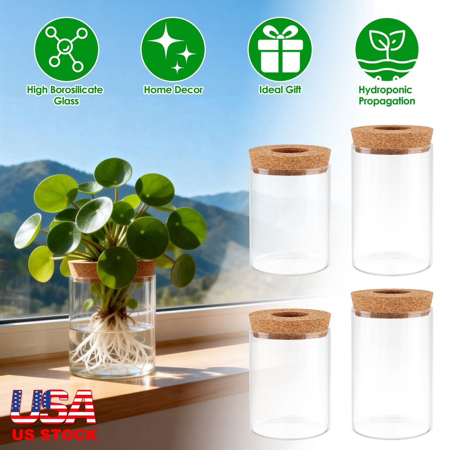 Glass Propagation Stations 4-Pack with Wood Cork Lids