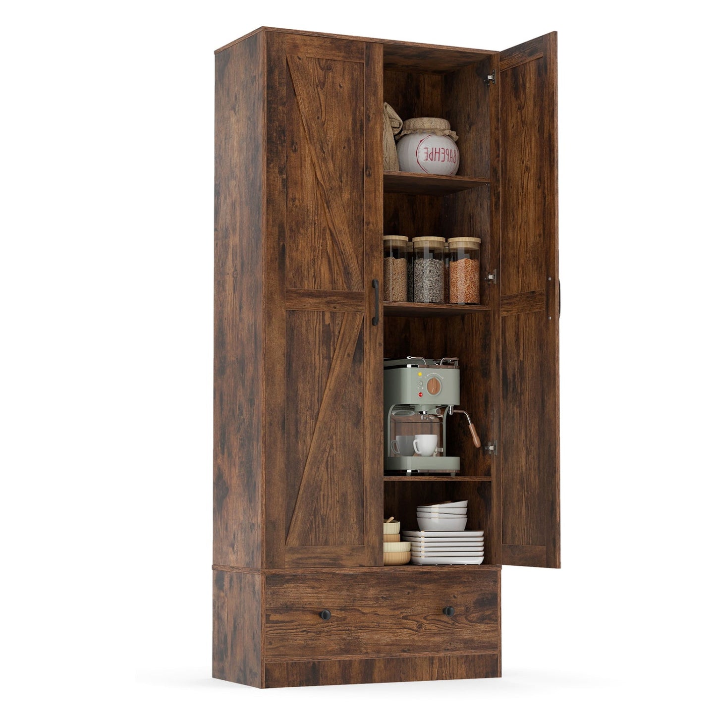72 Inch Tall Kitchen Pantry Cabinet Farmhouse Wooden Cupboard with 2 Doors