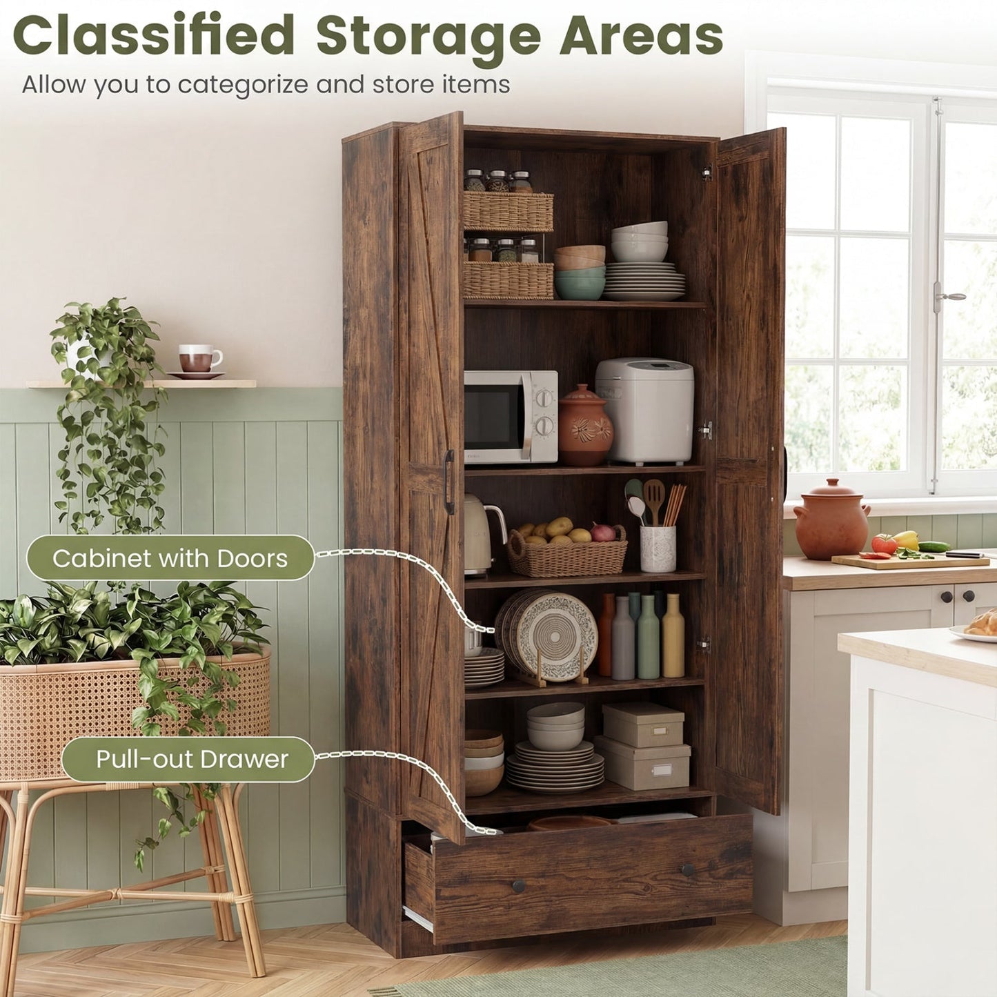 72 Inch Tall Kitchen Pantry Cabinet Farmhouse Wooden Cupboard with 2 Doors