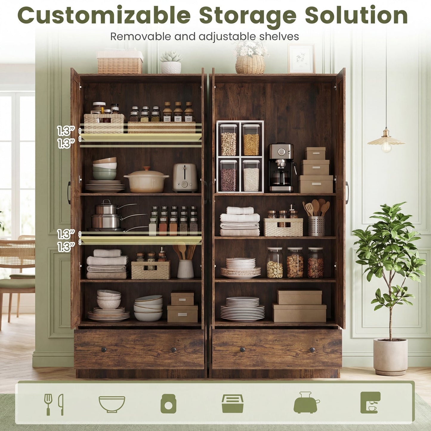 72 Inch Tall Kitchen Pantry Cabinet Farmhouse Wooden Cupboard with 2 Doors