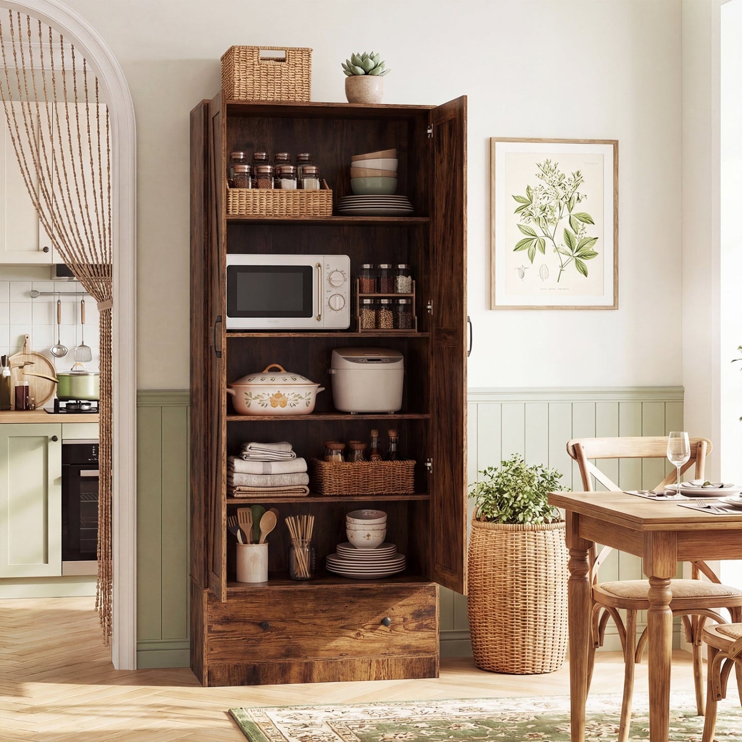 72 Inch Tall Kitchen Pantry Cabinet Farmhouse Wooden Cupboard with 2 Doors