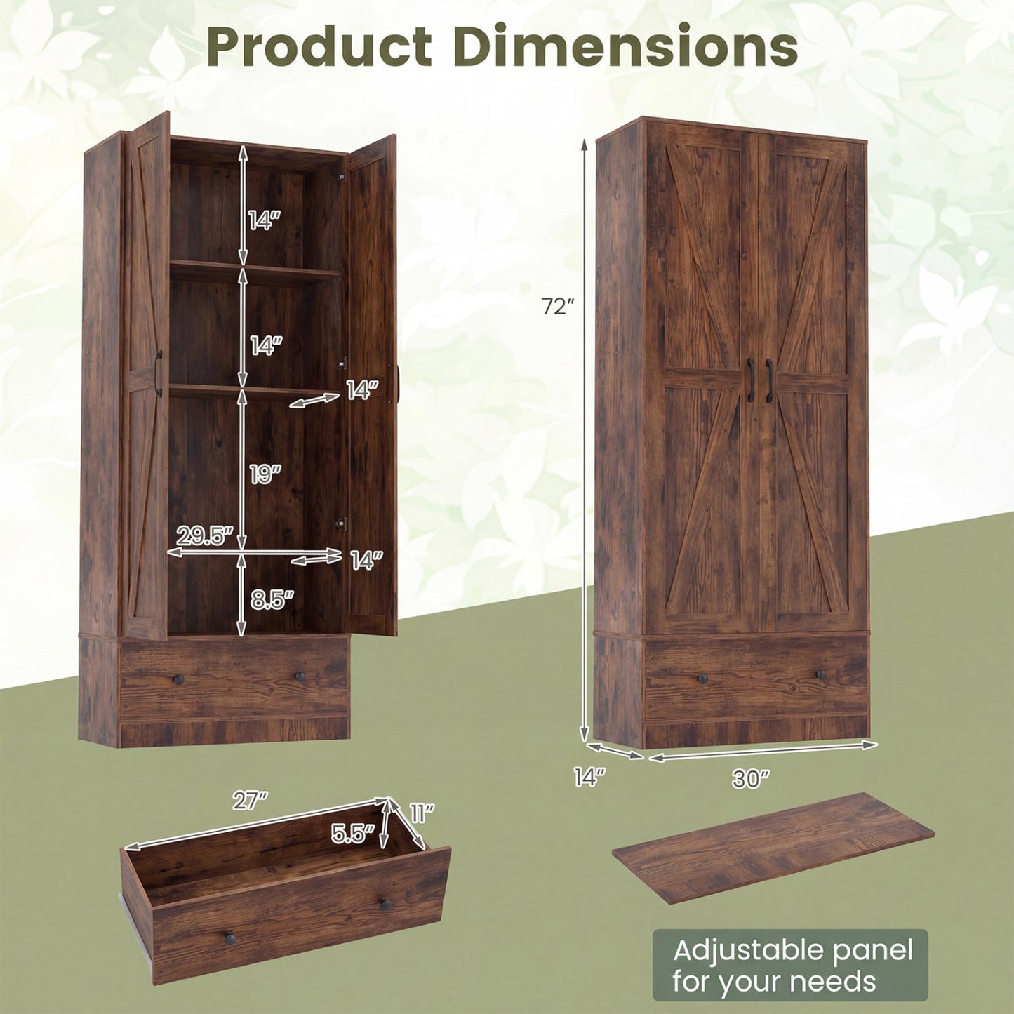 72 Inch Tall Kitchen Pantry Cabinet Farmhouse Wooden Cupboard with 2 Doors
