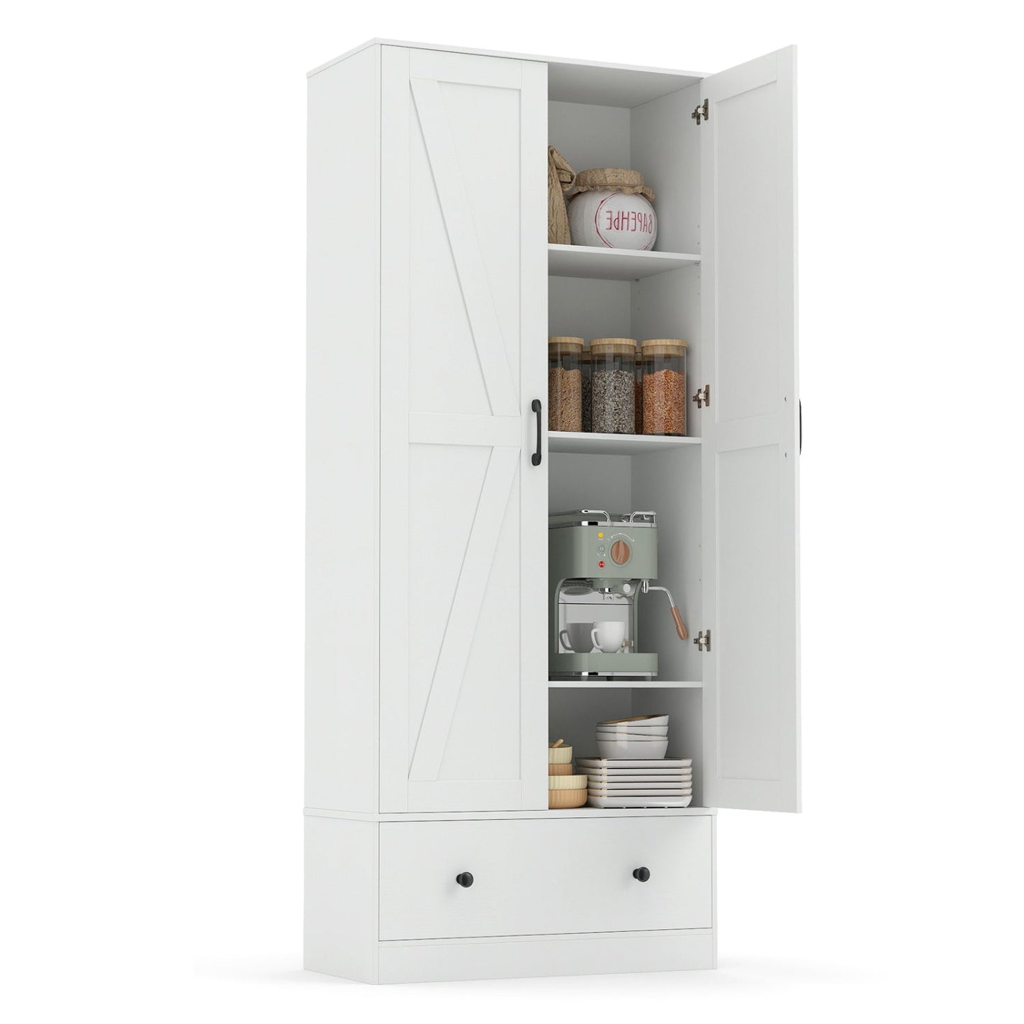 72 Inch Tall Kitchen Pantry Cabinet Farmhouse Wooden Cupboard with 2 Doors