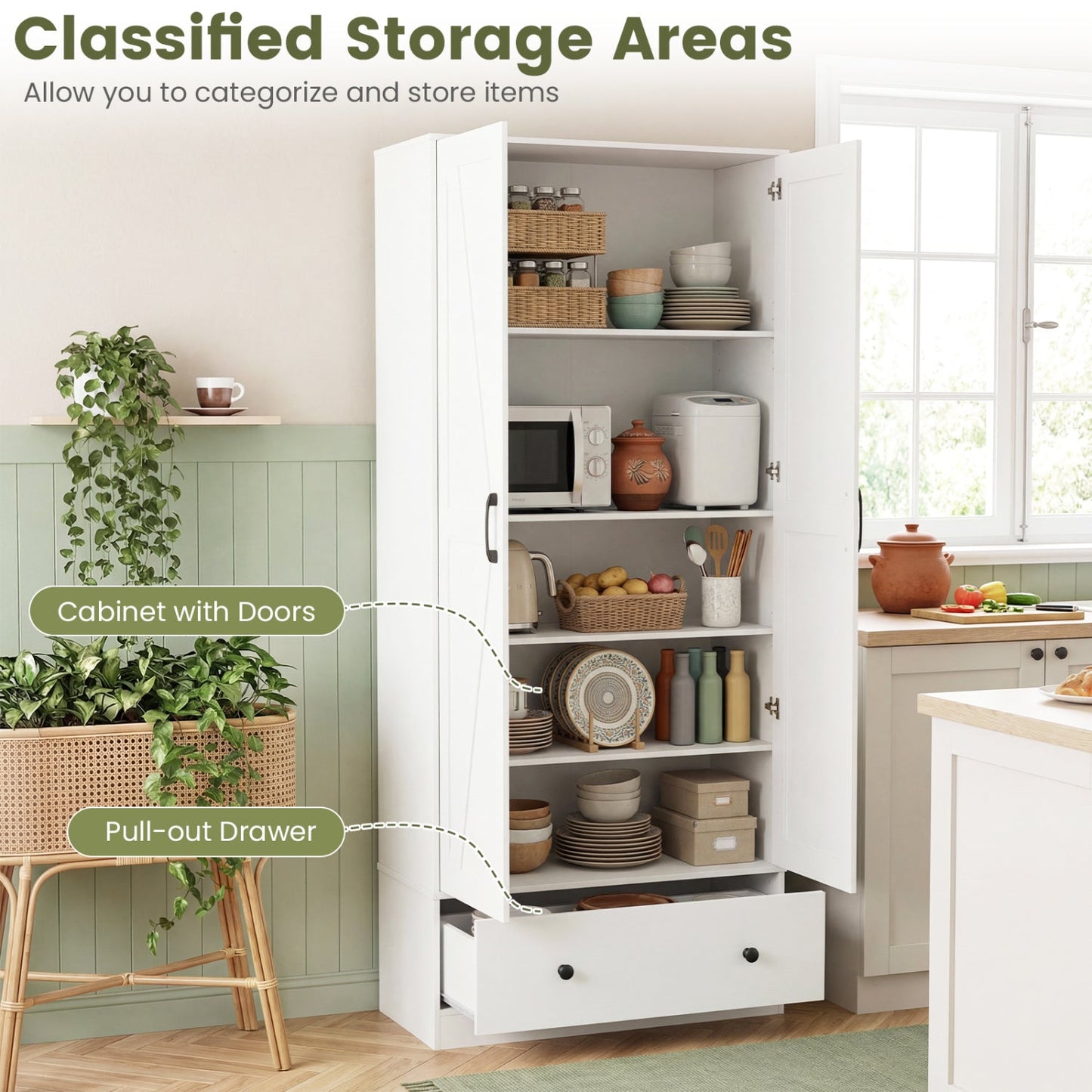 72 Inch Tall Kitchen Pantry Cabinet Farmhouse Wooden Cupboard with 2 Doors