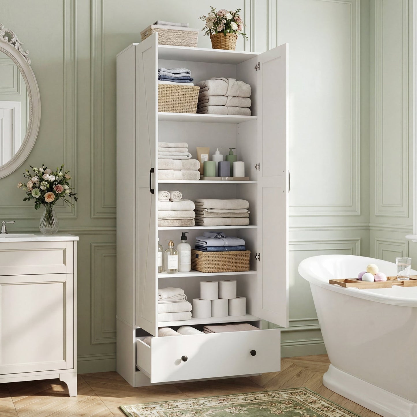 72 Inch Tall Kitchen Pantry Cabinet Farmhouse Wooden Cupboard with 2 Doors