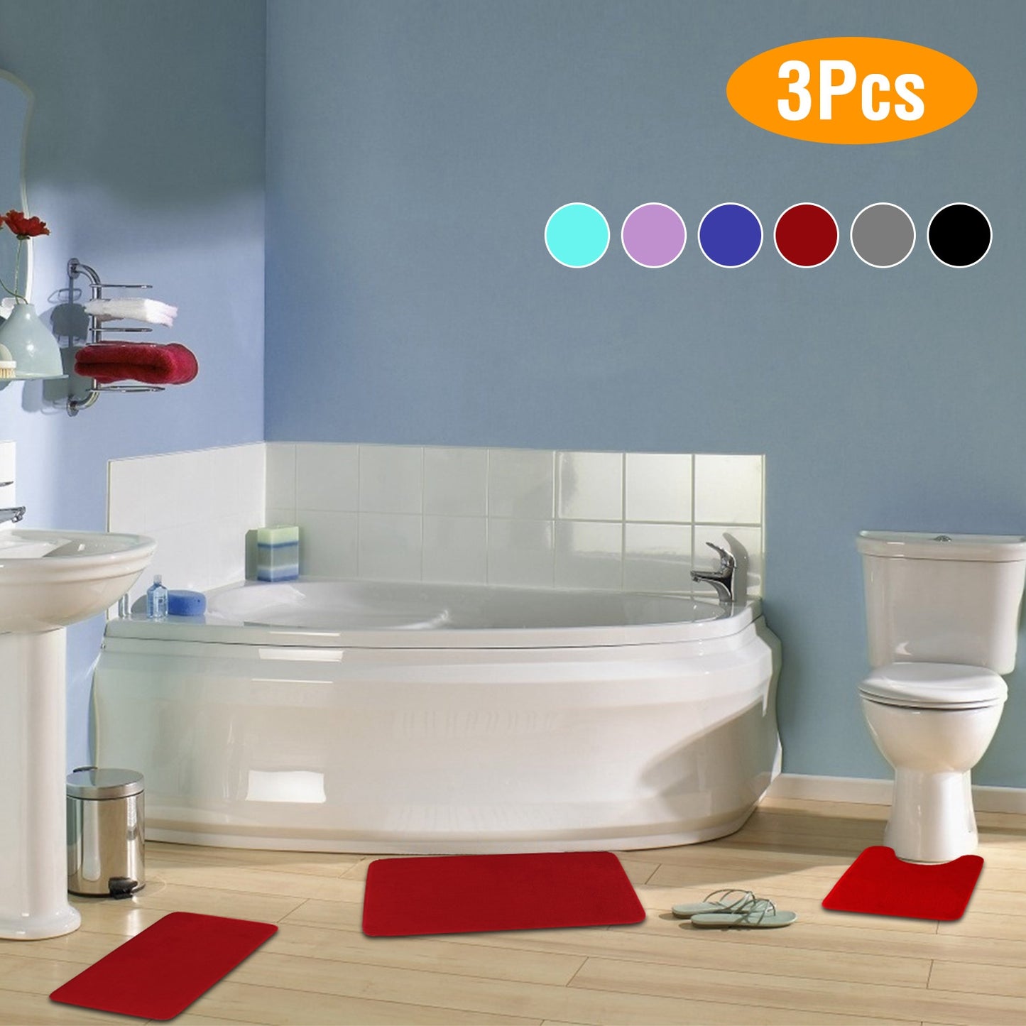 Bathroom Rug Set 3-Piece Plush Memory Foam Non-Slip