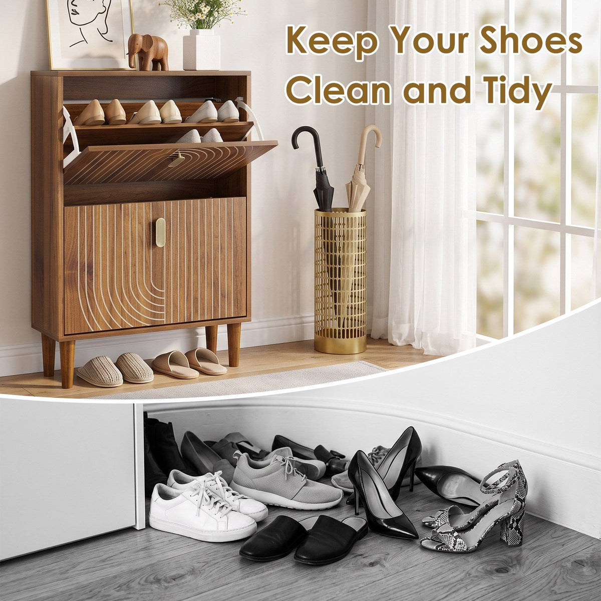 Slim Shoe Storage Cabinet with 2 Flip Drawers & Gold Handles