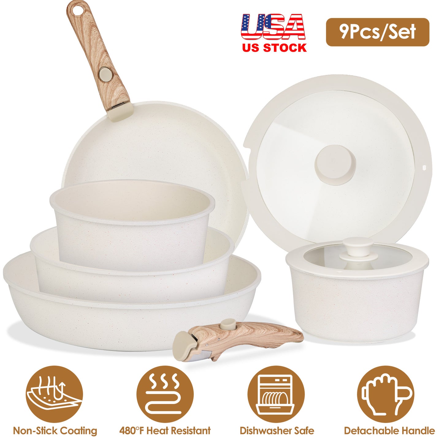 Nonstick Cookware Set 9-Piece with Detachable Handles