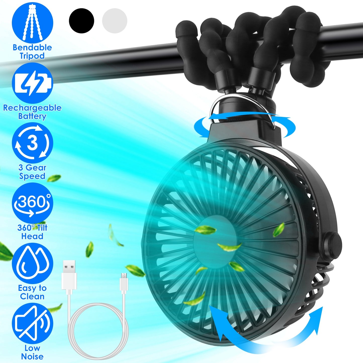 Portable Stroller Fan with Flexible Tripod & Rechargeable Battery