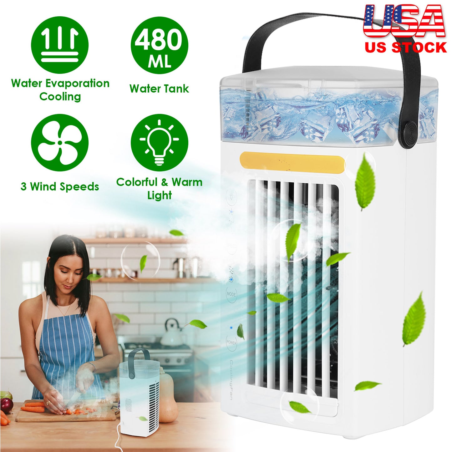 Portable Evaporative Air Cooler with Mist & 3 Speed Fan