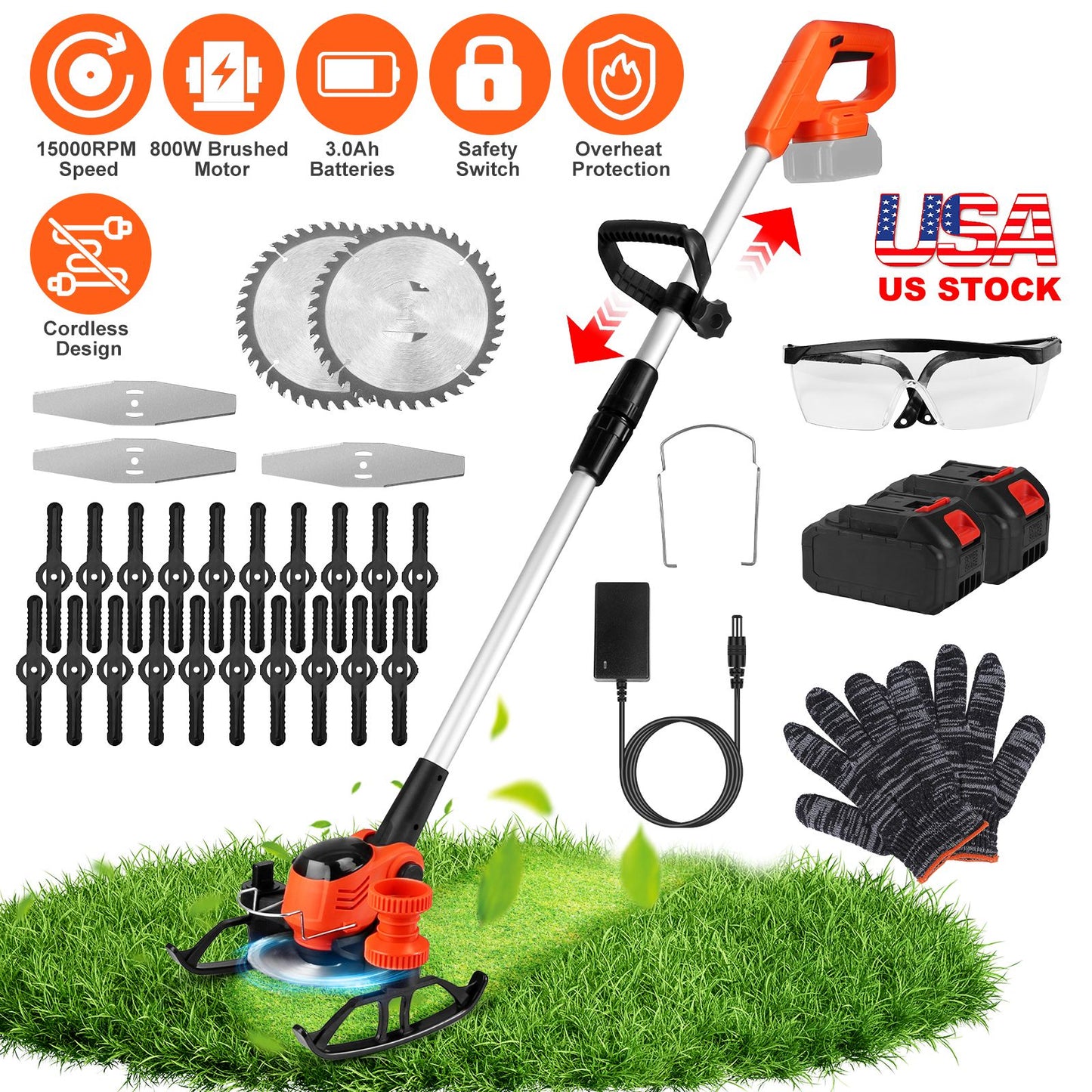 Cordless Grass Trimmer with Wheels & 2 Batteries