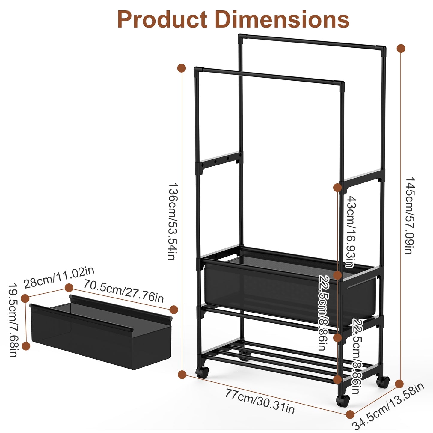 Double Rod Garment Rack with Storage Bag and Lockable Wheels