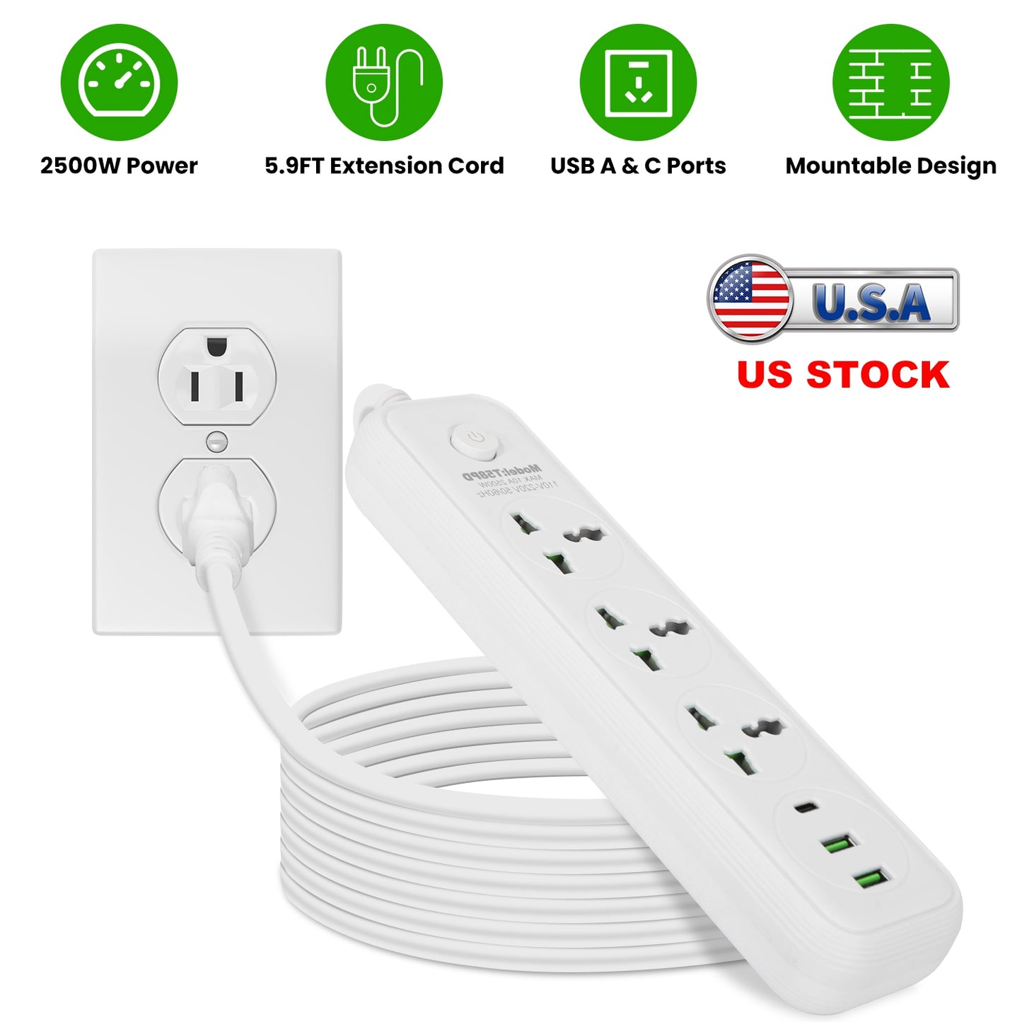 Power Strip with 5.9ft Extension Cord, 3 AC Outlets & USB Ports