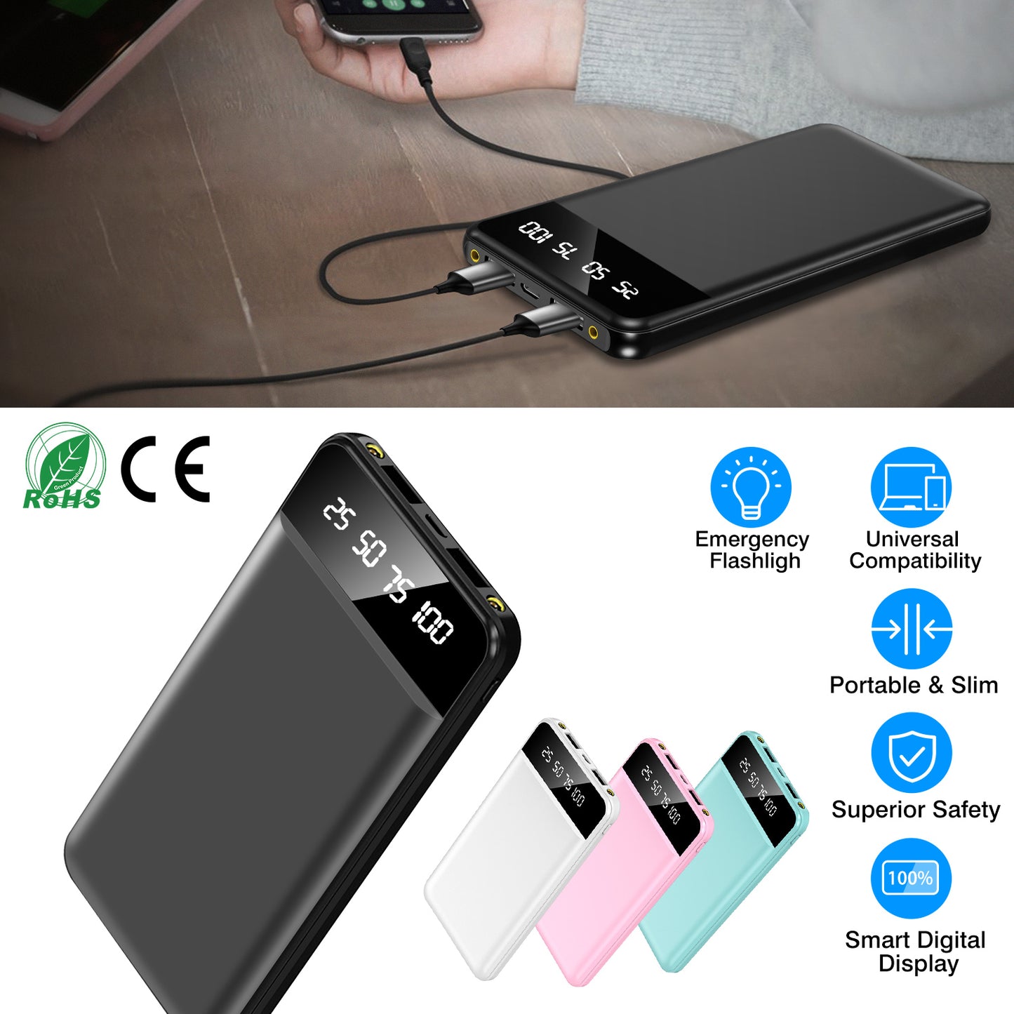10000mAh Portable Power Bank with Digital Display & Flashlight