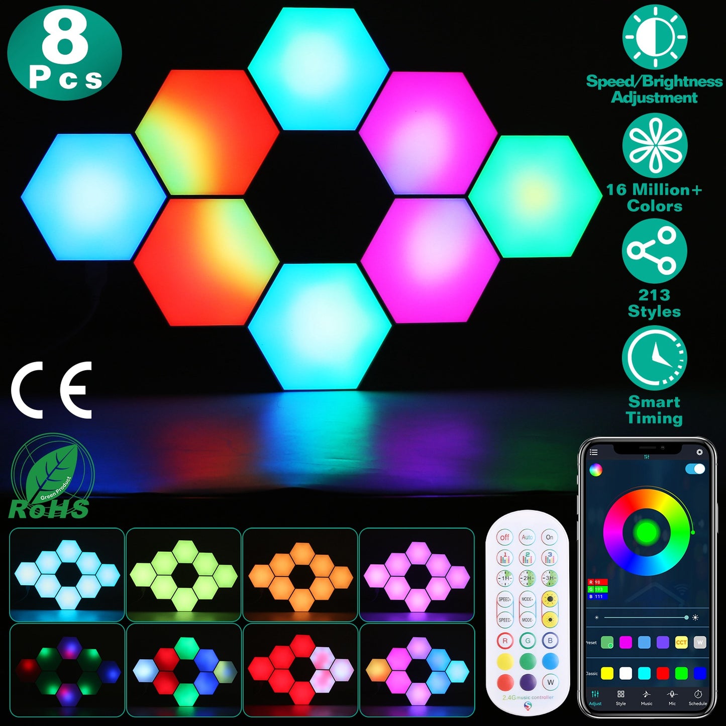 Hexagon Light Panels 8-Pack RGBW Smart LED Wall Lights