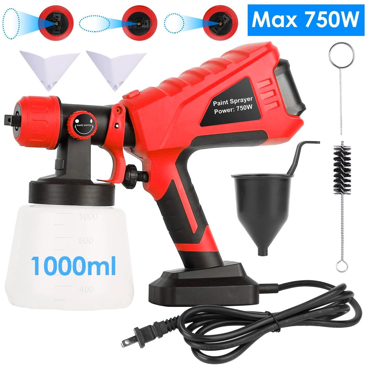 750W Electric Paint Sprayer with 3 Spray Patterns & 1000ML Cup