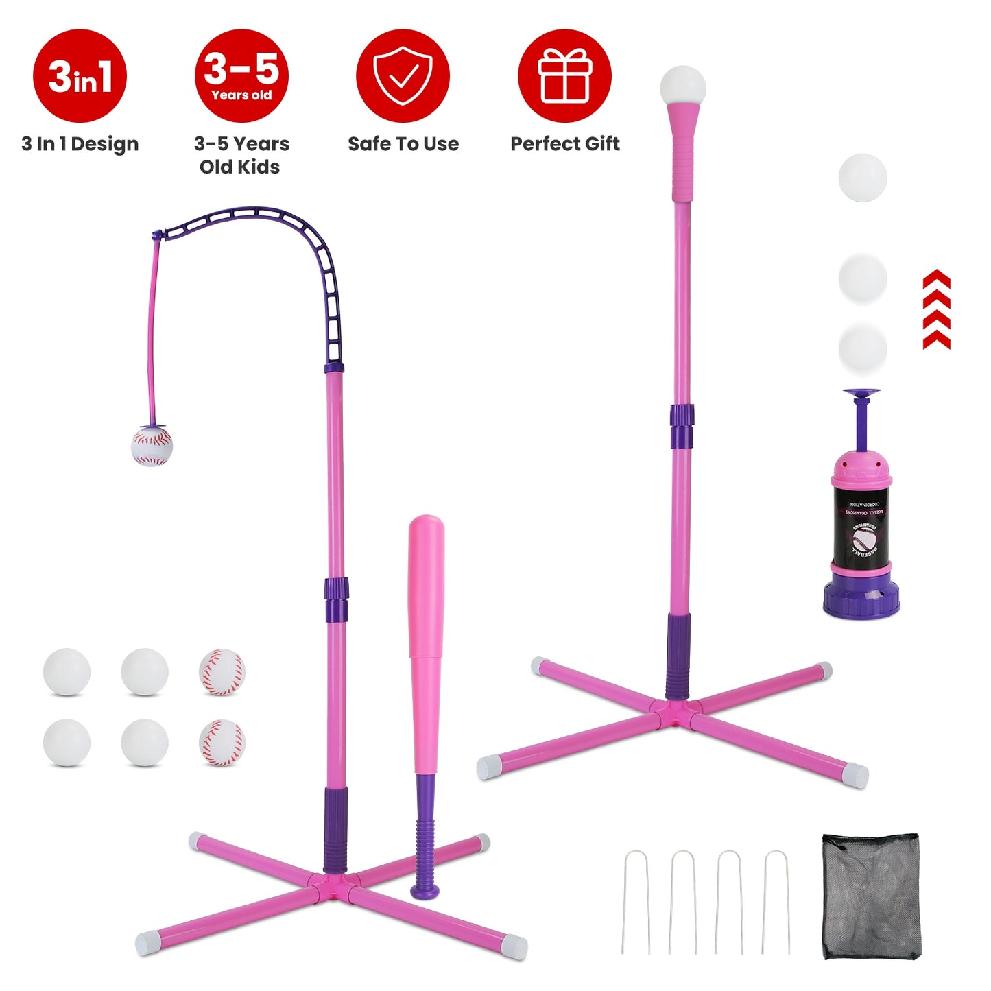 3-in-1 Baseball Toy Set with Adjustable Tee & Launcher